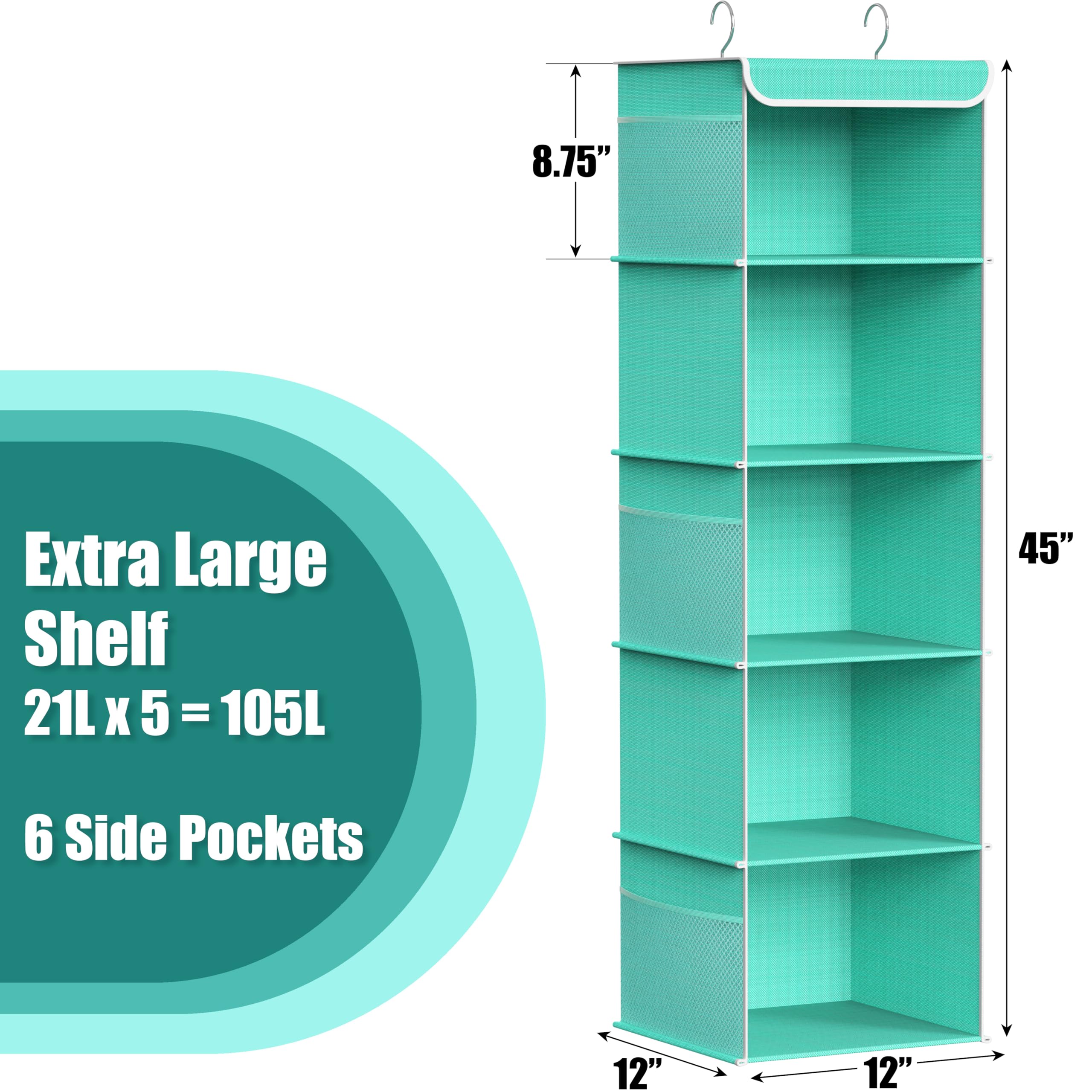 Simple Houseware 5 Shelves Hanging Closet Organizer, Turquoise