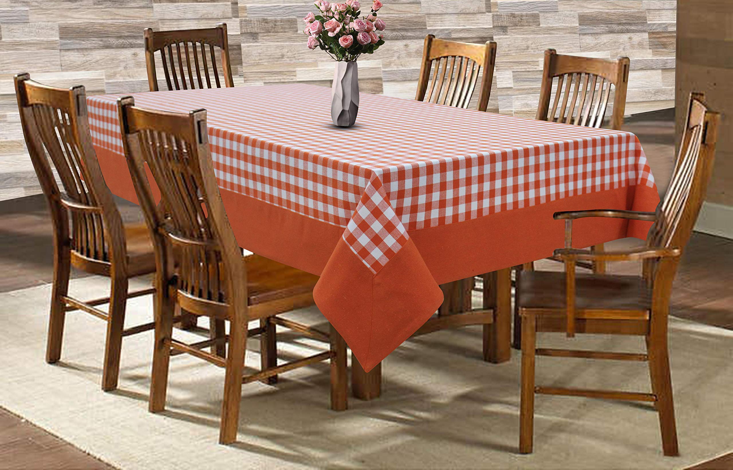 AIRWILL Cotton Checkered Pattern 6 Seater Table Cloth Pack of 1 pc (Orange)