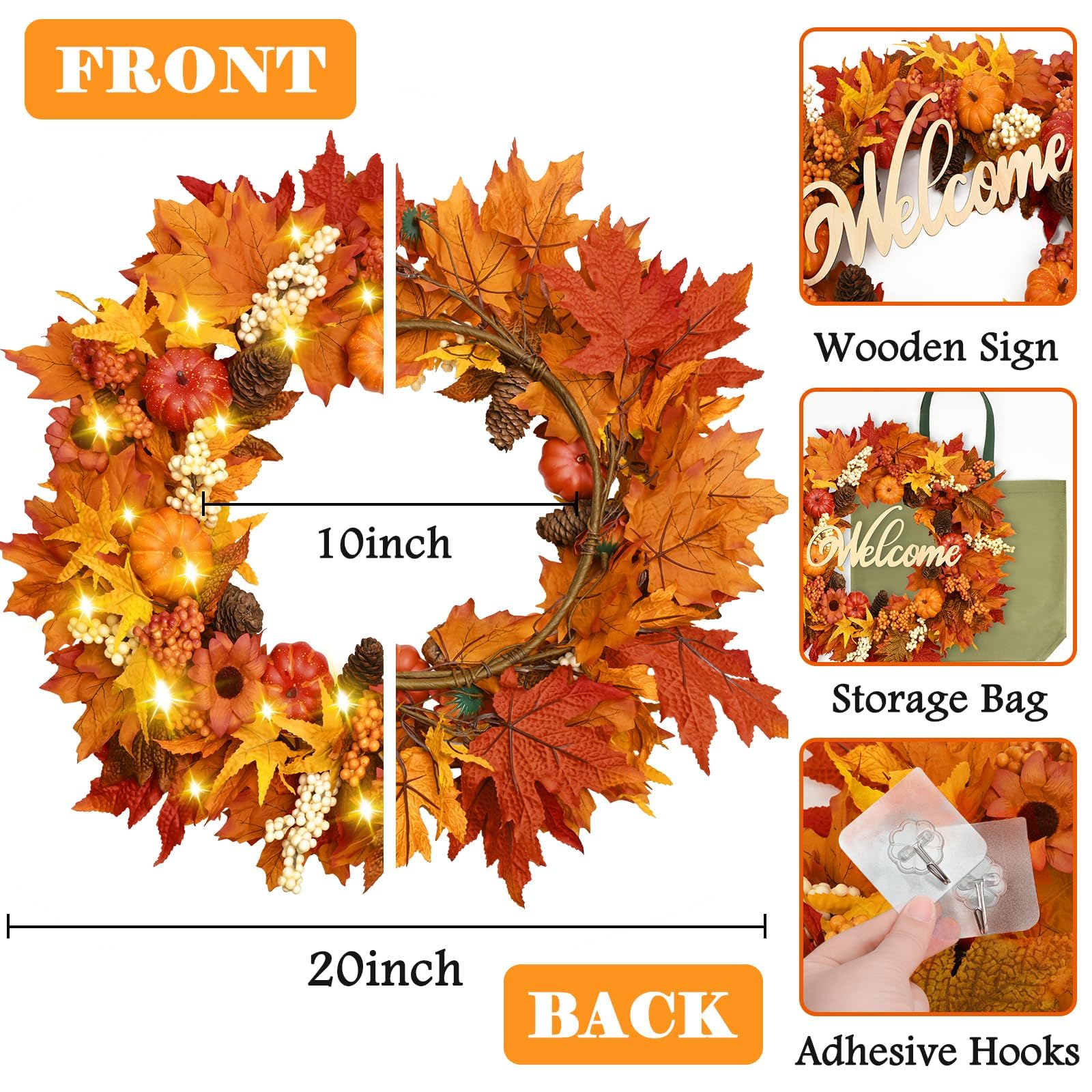Waipfaru Fall Decor, 2 Pack Fall Wreaths for Front Door, Autumn Wreath with Lights and Welcome Sign, 20 Outdoor Reef for Thank
