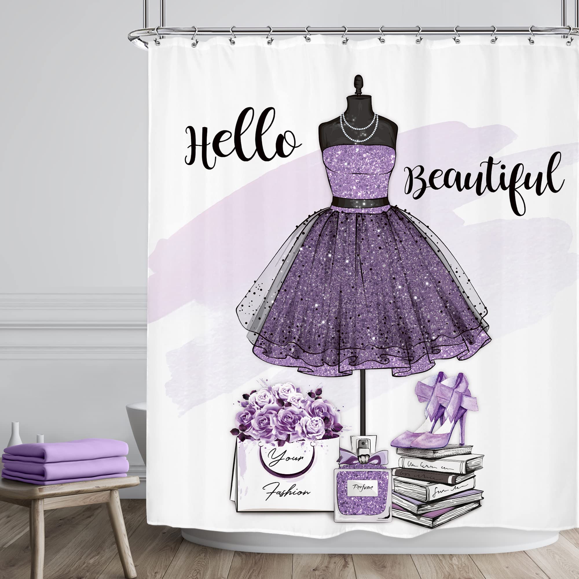 Riyidecor Fashion Women Dresses Shower Curtain 60Wx72H Inch Girly Purple Modern for Girls High Heel Perfume Bottle Floral Handbag Books Beautiful Bathroom Decor Fabric Waterproof 12 Pack Hooks
