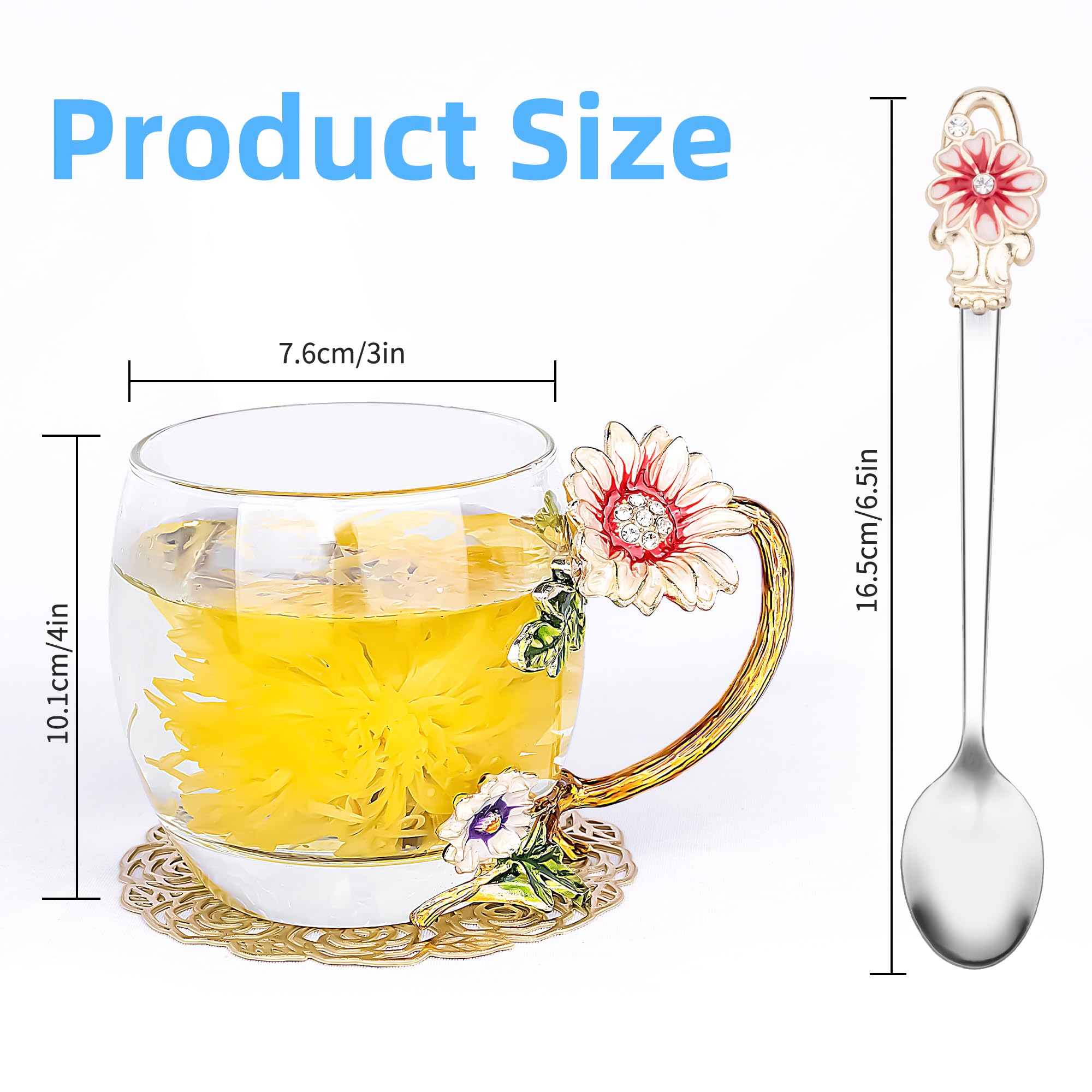 Flower Tea Cup,Butterfly Daisy Glass Fancy Coffee Mug with Spoon,Gift Box for Her Mom Wife Grandma Girls Friends Valentines Chri