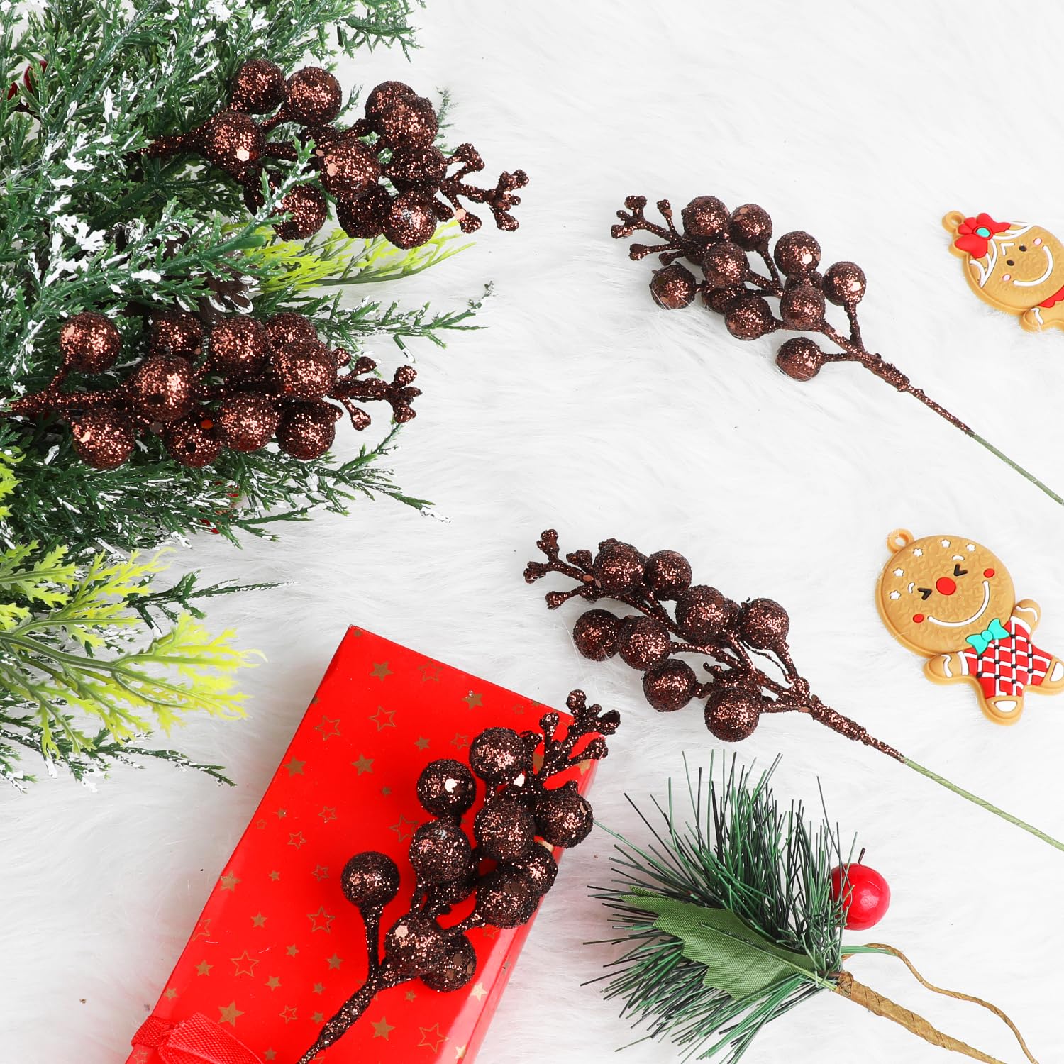 DIYASY Glitter Berry Stems for Christmas Tree Ornaments,20Pcs Brown Picks and Sprays Artificial Branches Xmas Tree Filler Holida