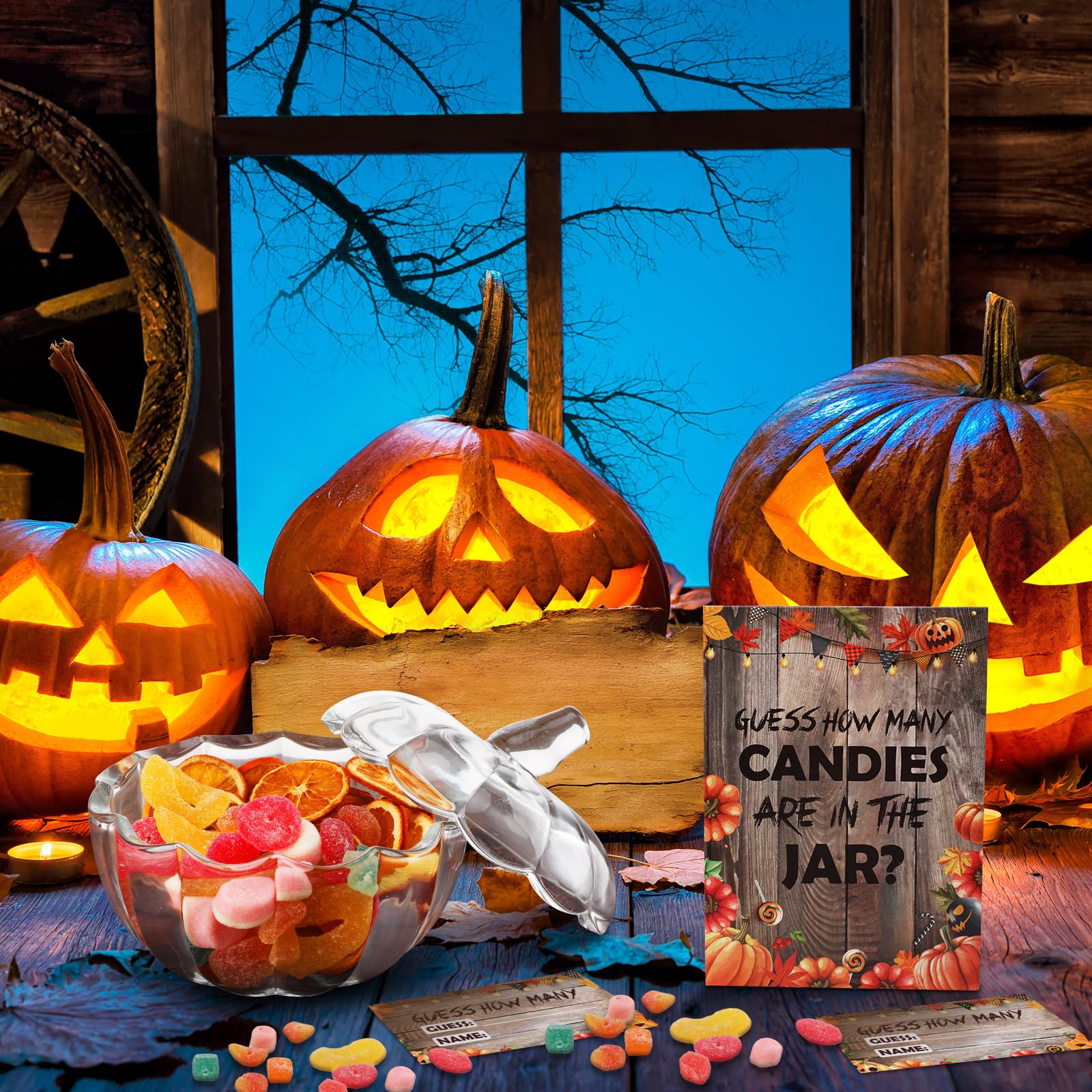 Yungyan 52 Pcs Halloween Glass Candy Jar with Lid Guess How Many Candies Set Includes 1 Standing Sign 50 Pcs Guessing Cards 1 Pu