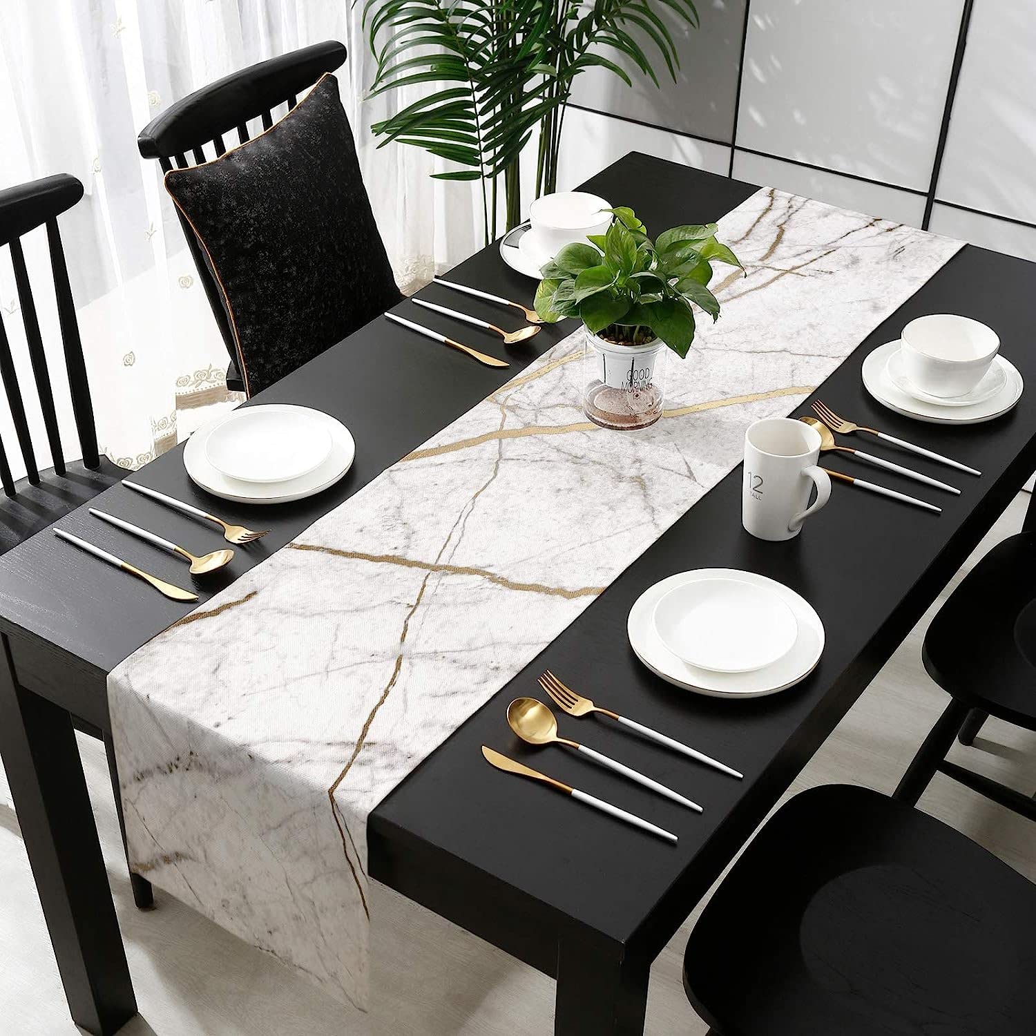 Marble Table Runner-Cotton Linen-Small 36 Inches White Gray Gold Dresser Scarves,Texture Tablerunner For Kitchen Coffee/Dining/S