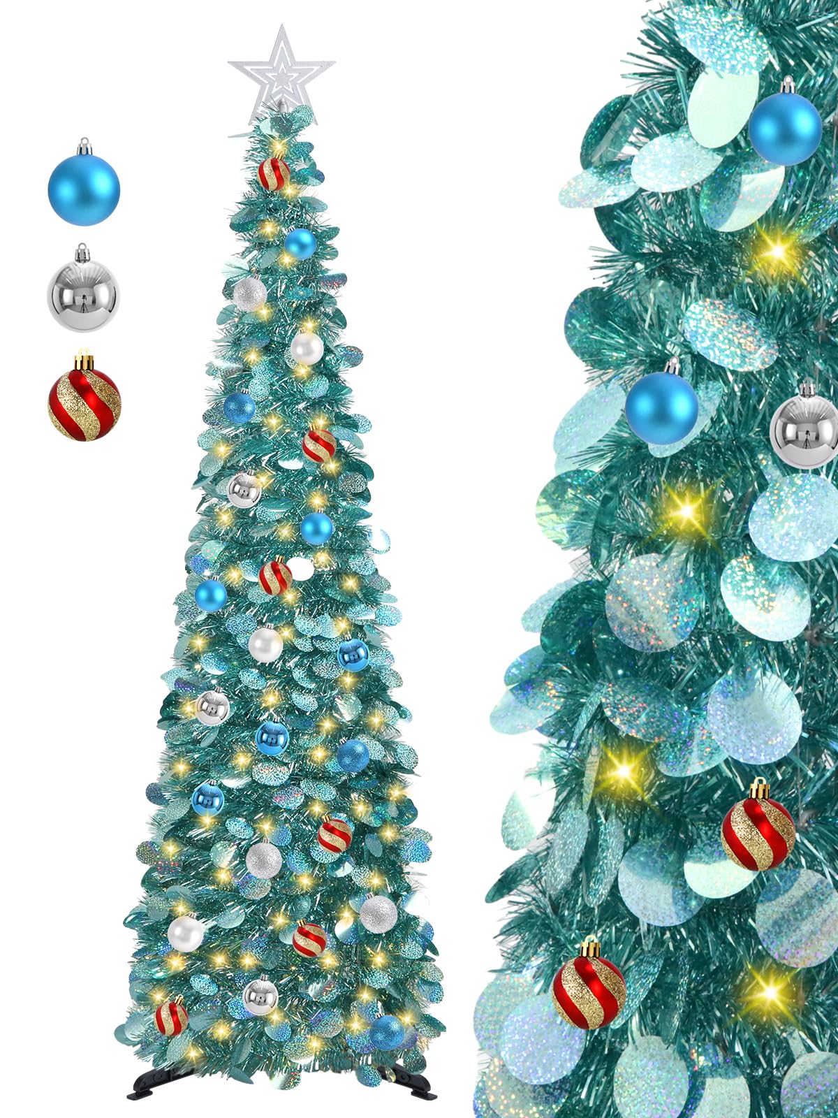 SINTENILL 5 FT Pop Up Christmas Tree with Timer Lights and Decorations, Ice Blue Artificial Tinsel Christmas Tree with 24 Ball O