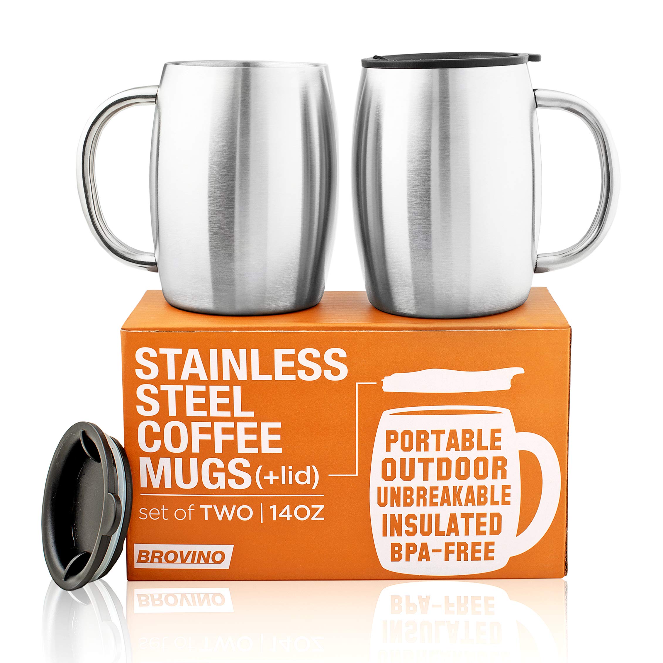 Stainless Steel Coffee Mugs with Lid (Set of 2)  14 oz Double Walled Steel Coffee Glasses with Lid & Handle  Travel, Outdoor, 