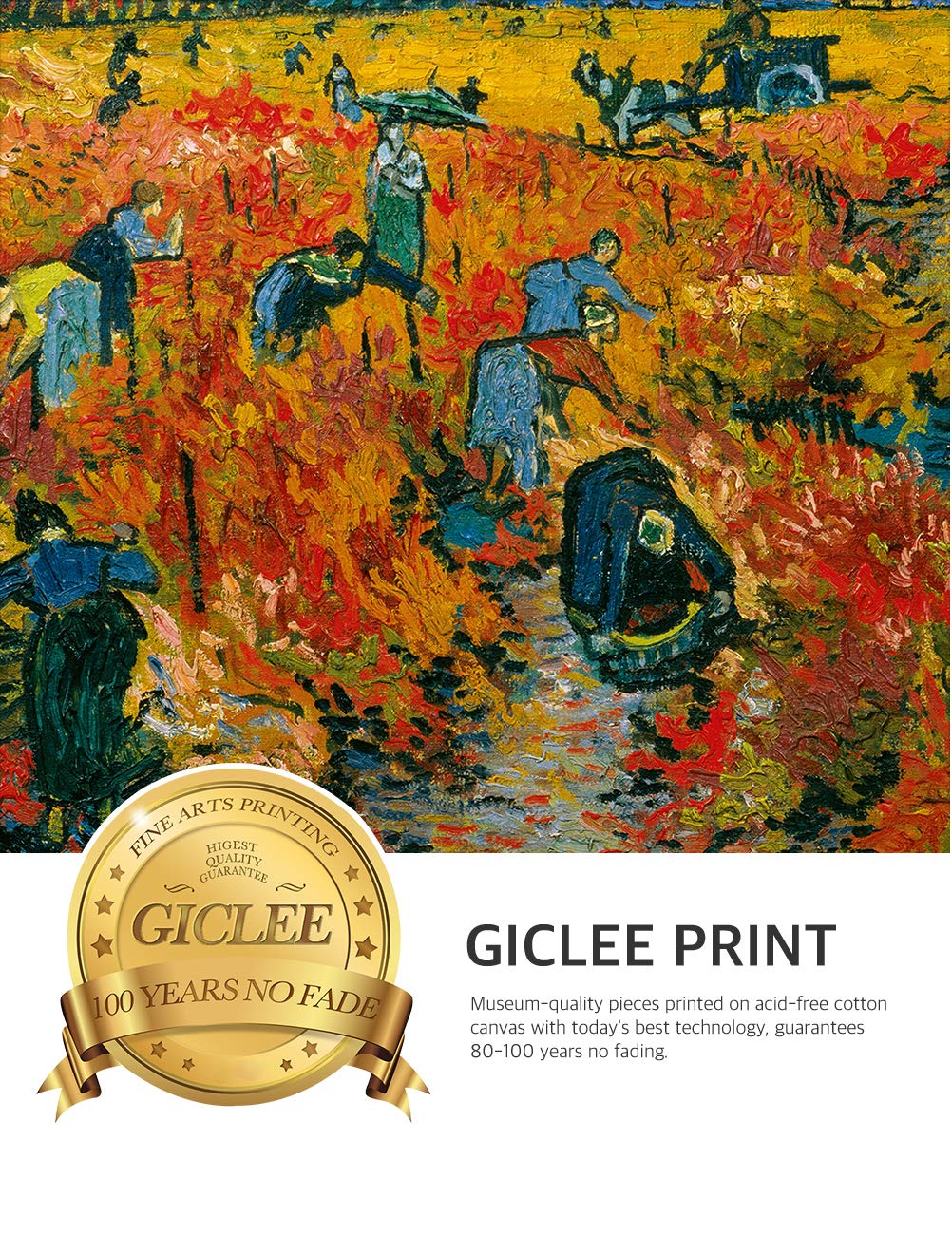 Decorarts - The Red Vineyards - Vincent Van Gogh. Giclee Print On Canvas With Matching Golden-Relief Framed Wall Art. Picture Si