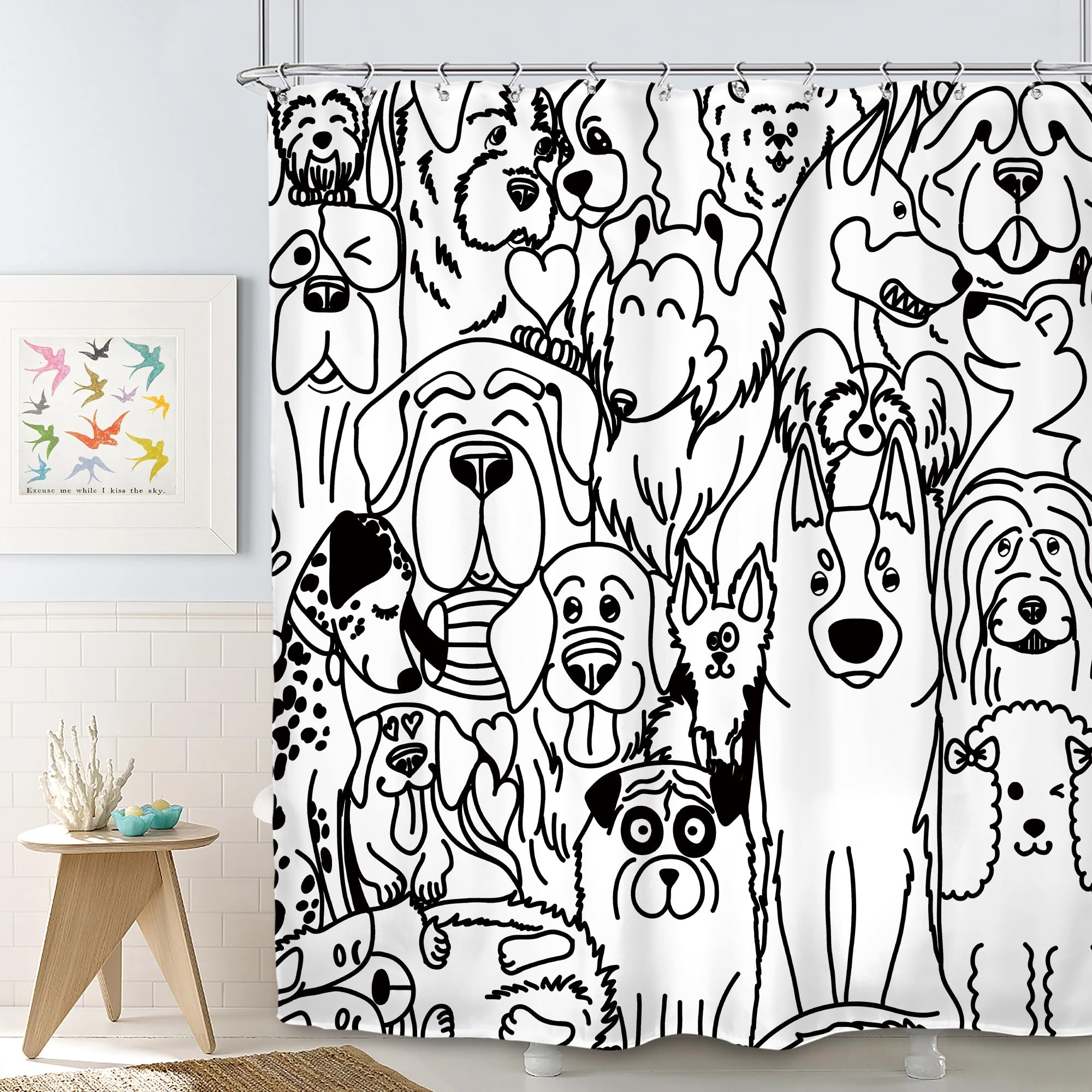 Svbright Funny Cute Dog Shower Curtain 60Wx72L Inch Cartoon Black And White Lovely Animals Silhouette For Kids Kawaii Cool Rusti