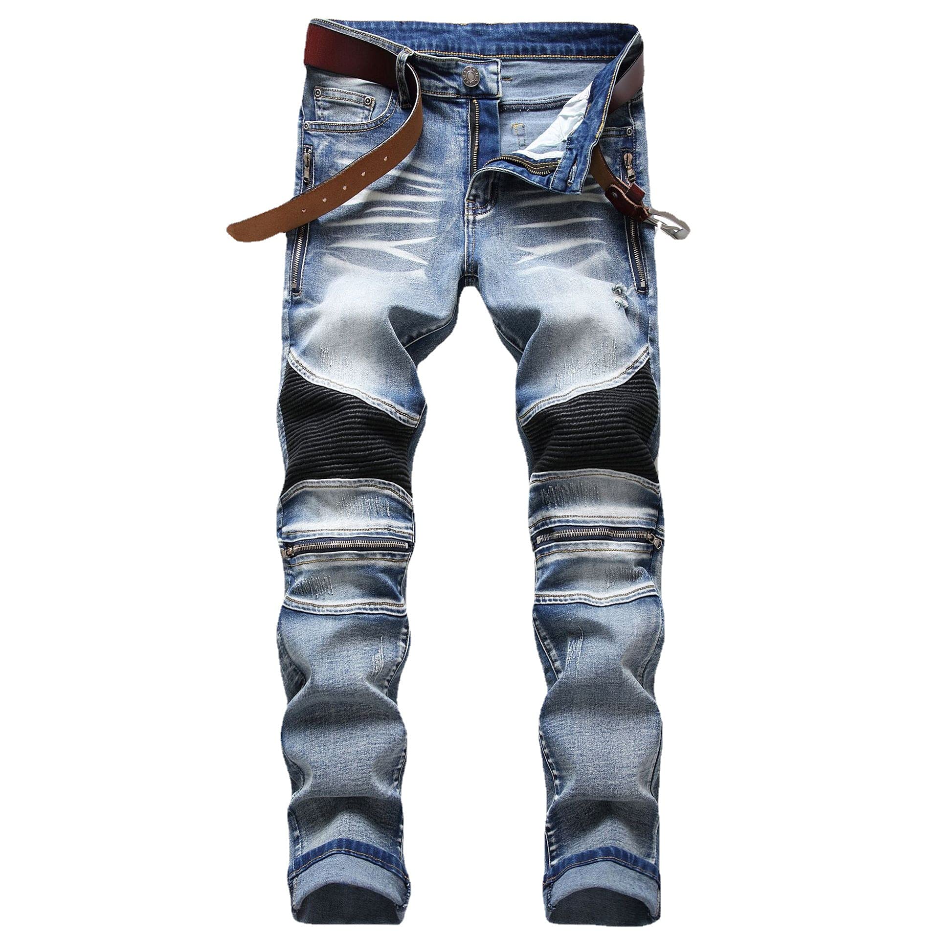 Aititia Mens Biker Zipper Deco Washed Straight Fit Jeans (38W X 32L, 005 Blue)