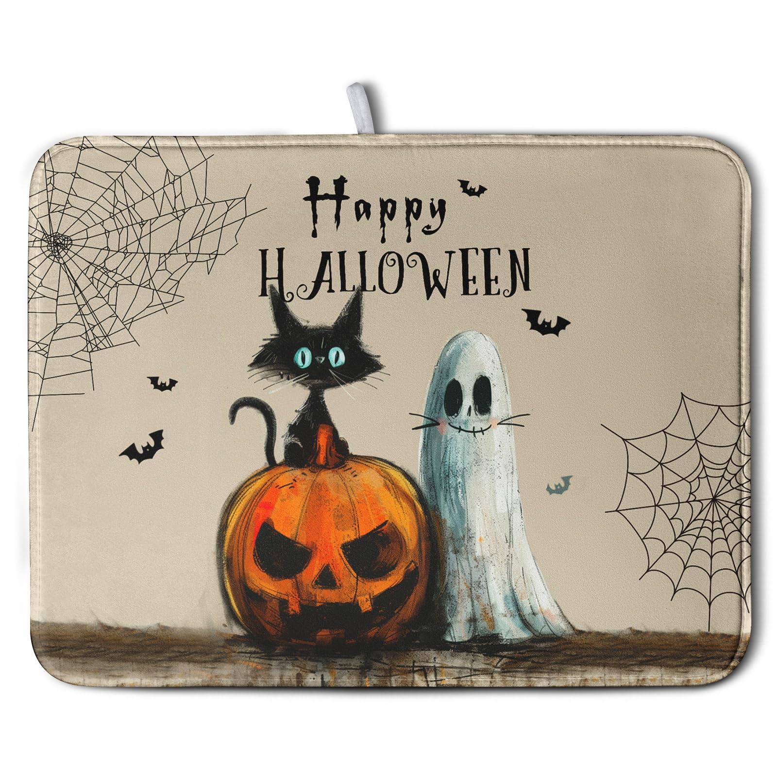 Happy Halloween Dish Drying Mat for Dishs 18x24 Inch Halloween Pumpkin Ghost Black Cat Kitchen Drying Mat Spooky Spiderweb Holid