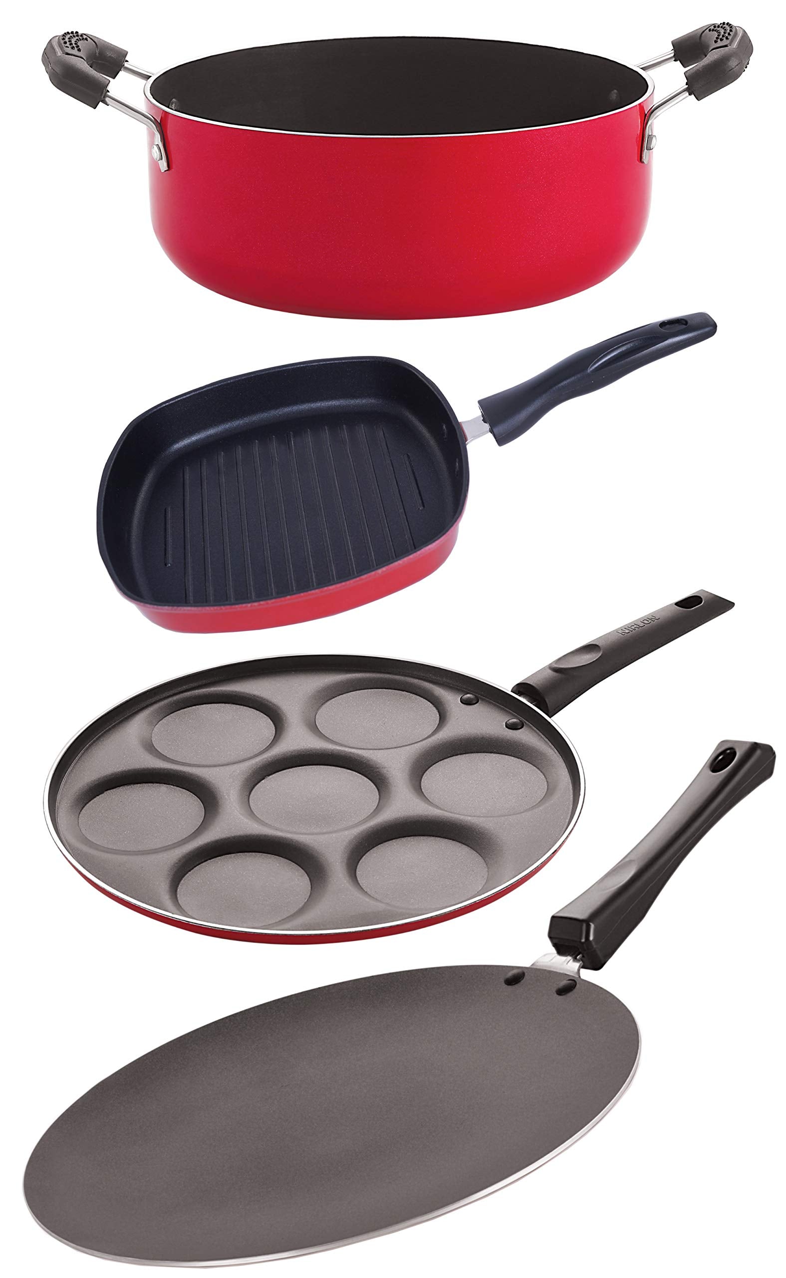 Nirlon Nonstick Aluminium Heat Resistance Cookware 4 Pieces Set With Bakelite Handle, Gas Compatible (Concave Tawa 27.5Cm + Utta