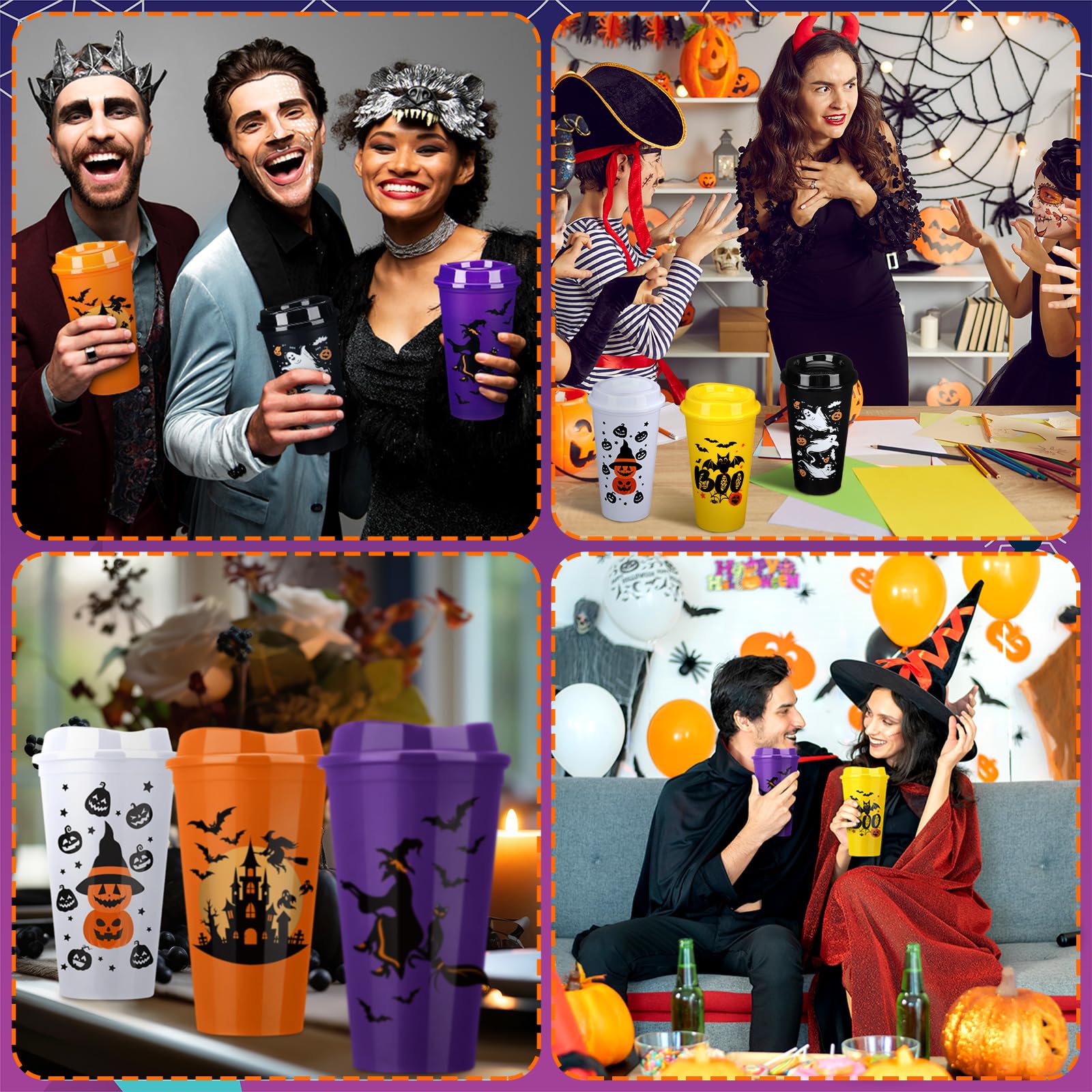 Pickmesh 12 Pack Halloween Reusable Coffee Cup Gift Bulk 16 oz Witch Bat Pumpkin Black Cat Horror Pattern Tumblers with Lid Plas