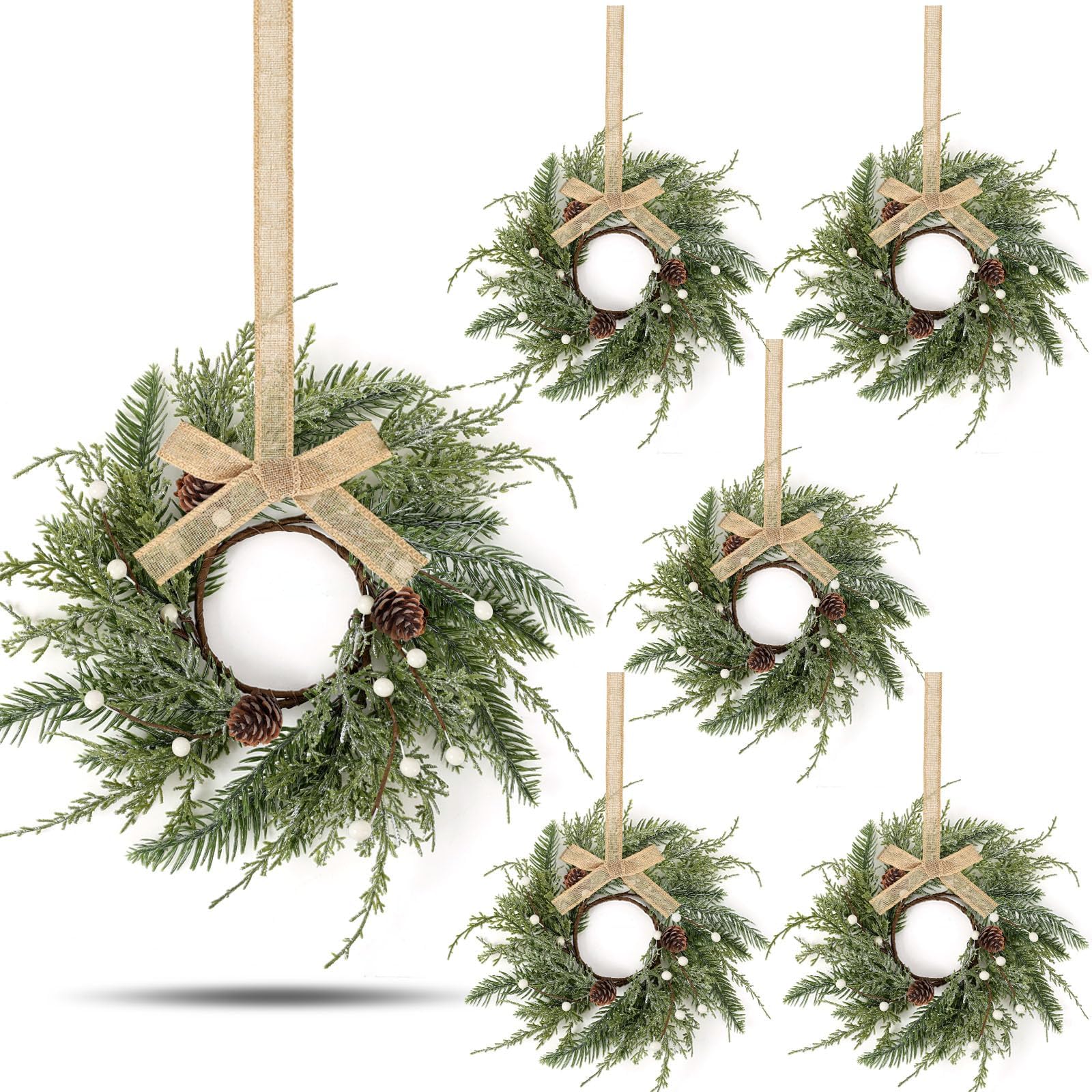 4 PCS Christmas Wreath Christmas Kitchen Cabinet Wreaths with Burlap Ribbon Mini Wreath Pine Garland Frosted Cedar Pine Cone Han