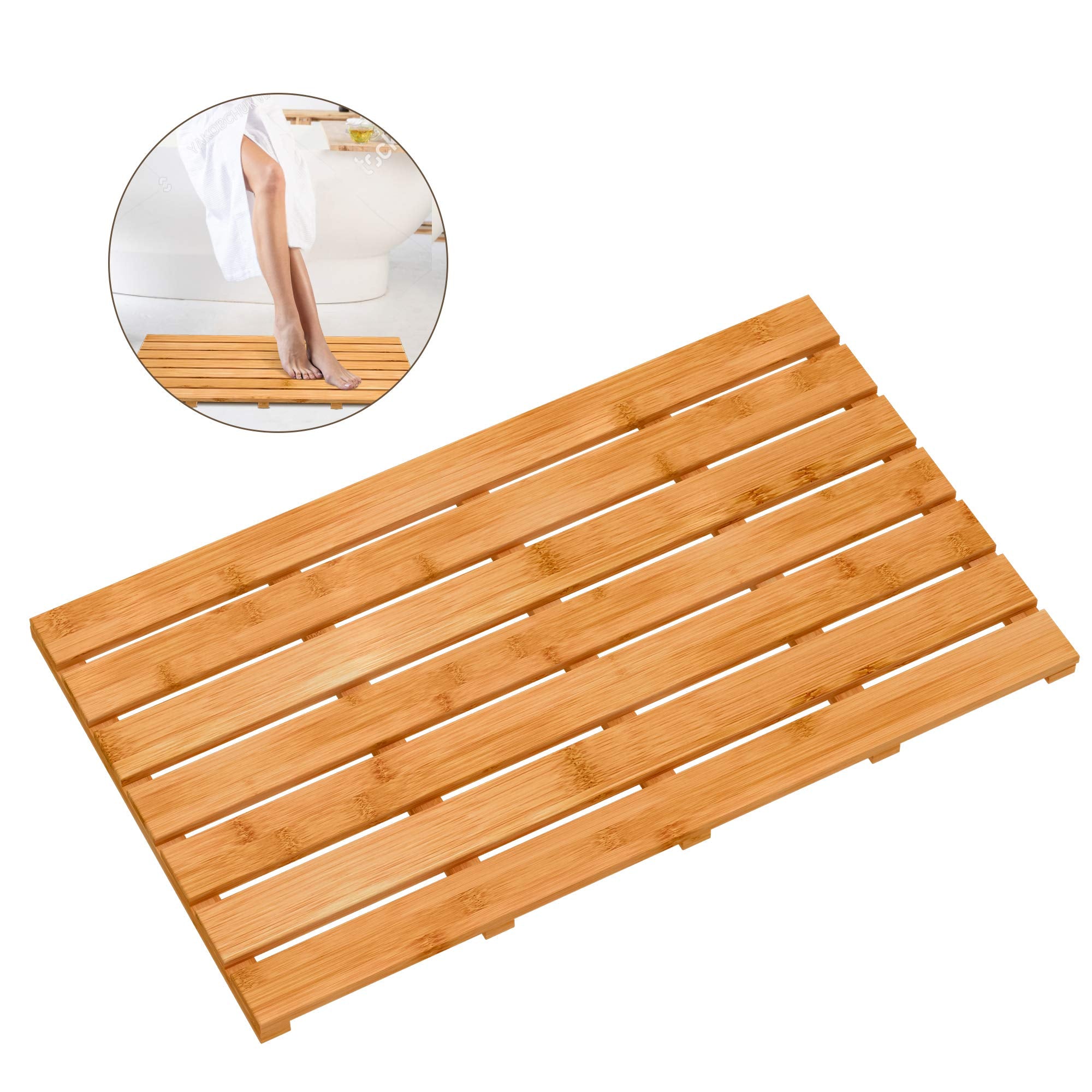 Bamboo Wooden Bath Floor Mat For Luxury Shower - Non-Slip Bathroom Waterproof Carpet For Indoor Or Outdoor Use (313 X 181 X 15 I
