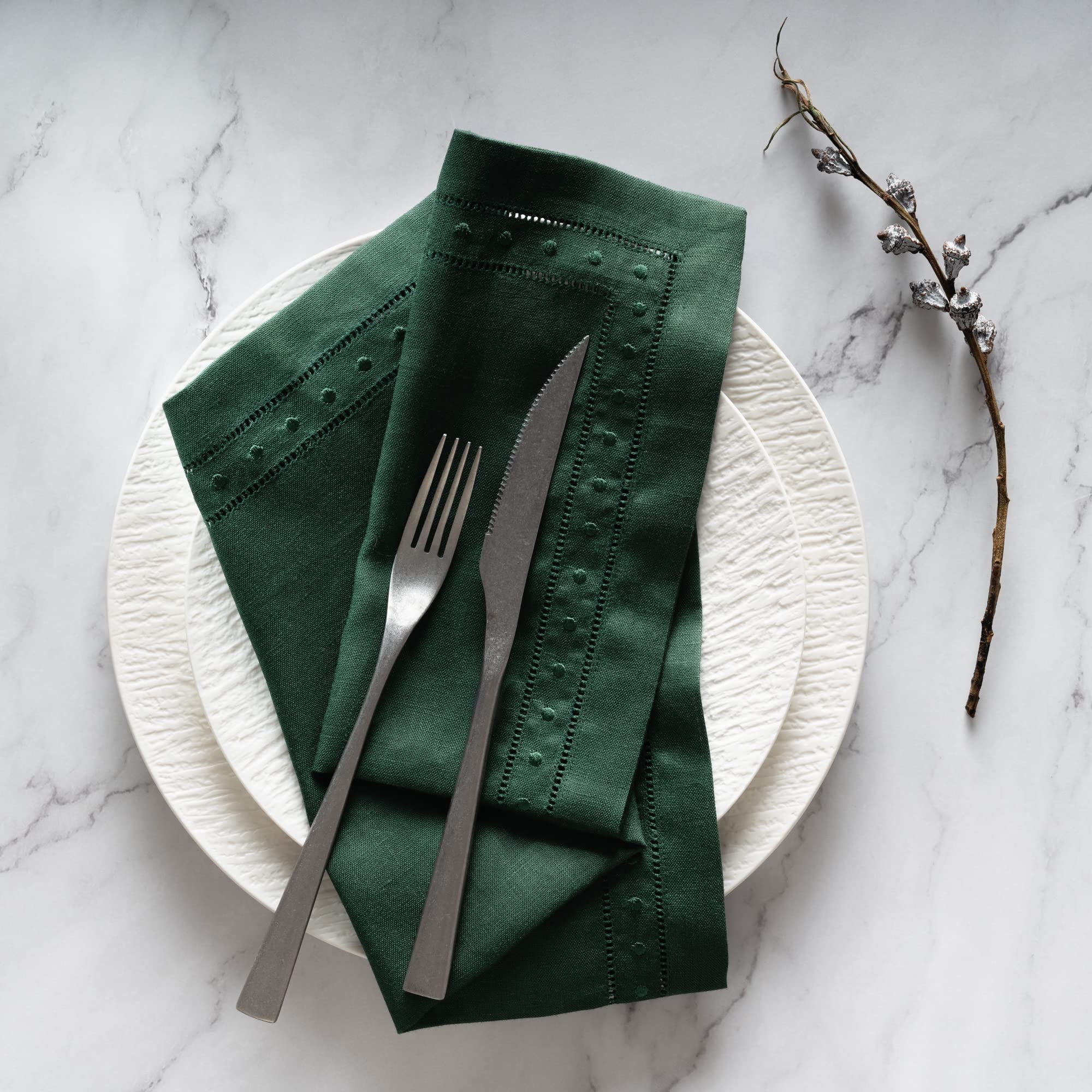 Linen Napkins Set Of 4-100% Pure Linen Forest Green Embroidered Dinner Napkins 18 X 18 Inch - Classic Hemstitch Cloth Napkins Wa