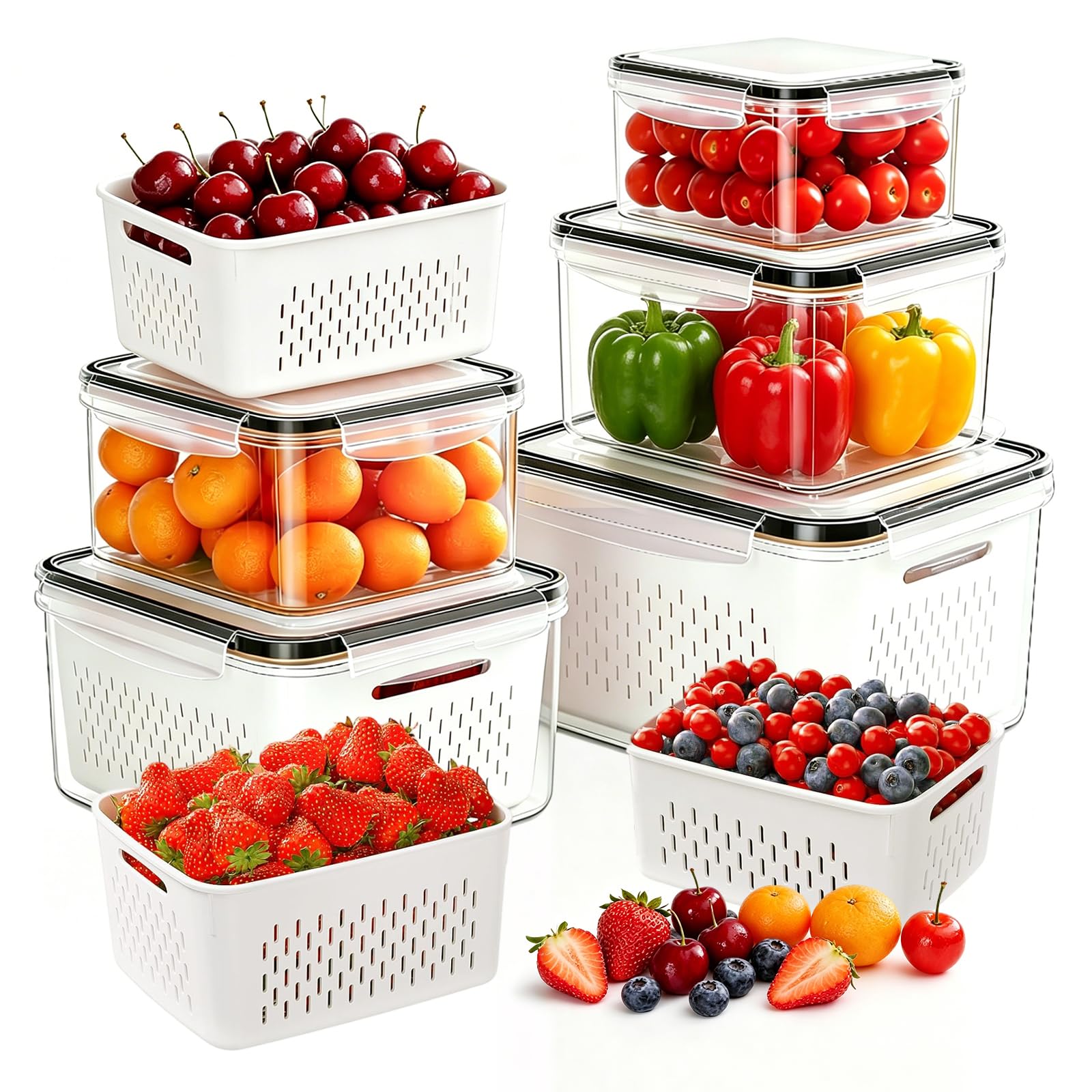 HestiaSnax 5 Pack Large Fruit Storage Containers for Fridge, Leakproof Produce Containers with Removable Colanders, Dishwasher S
