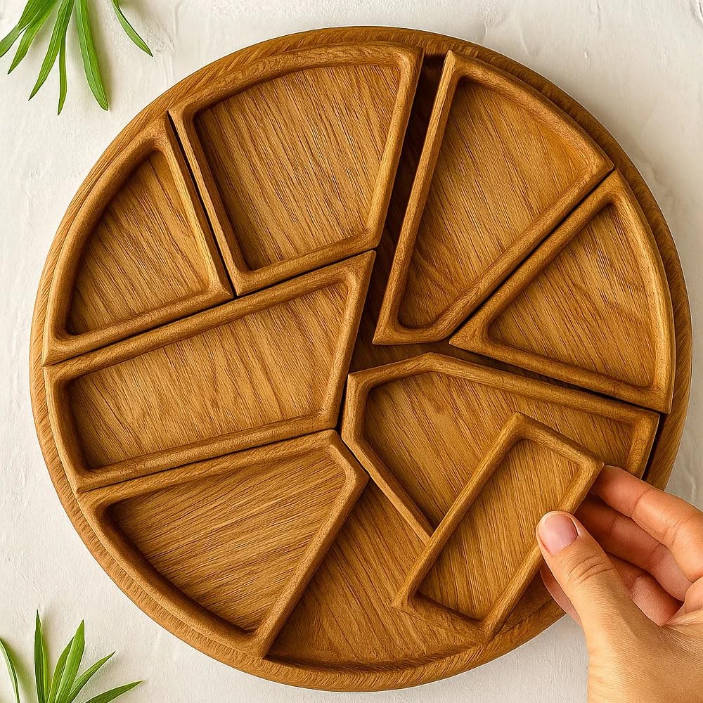 Puzzle Serving Tray - Wood with Removable Compartments, Durable Food-Safe Serving Board for Parties and Entertaining (Large)