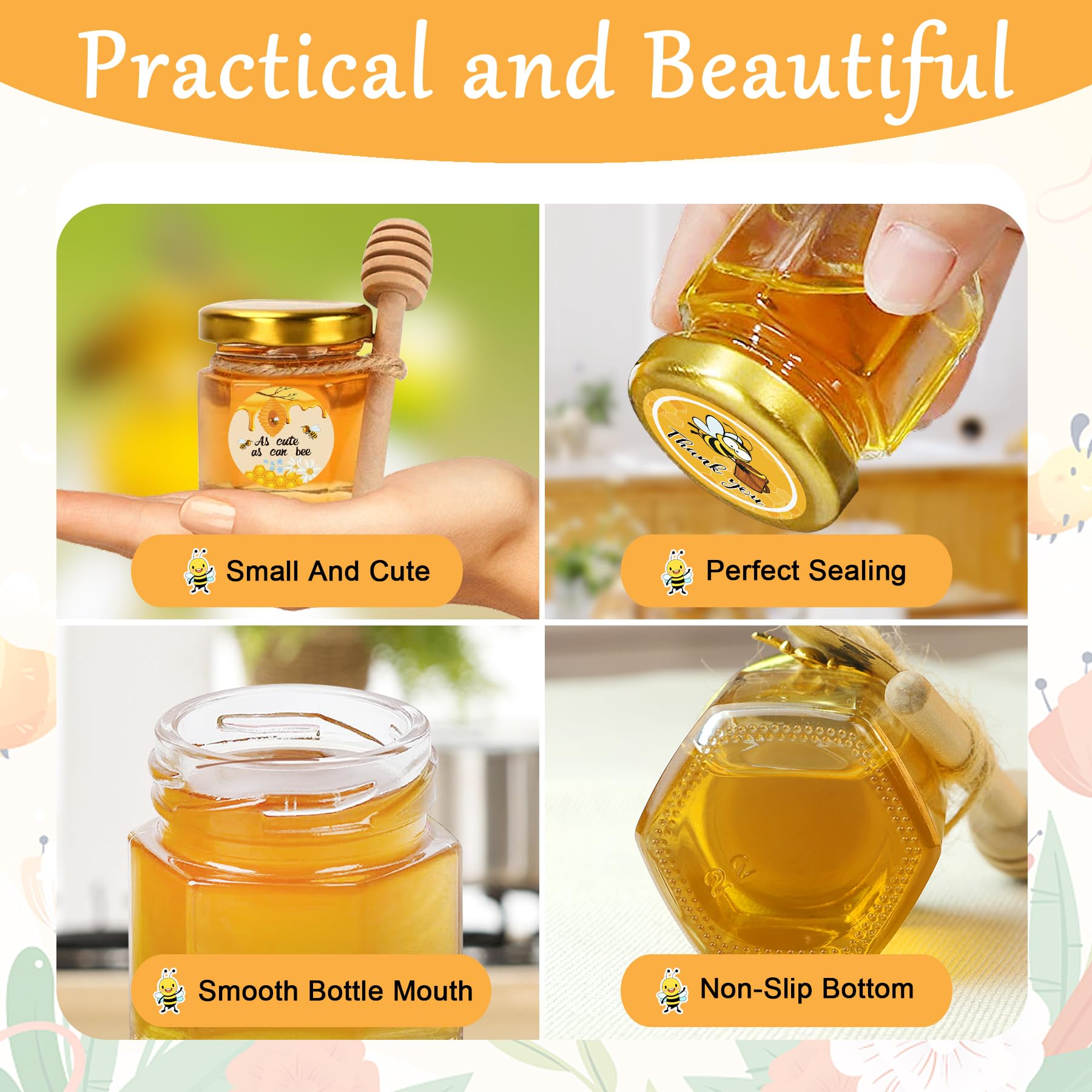 Aliggbent 48 Pack Mini Honey Jars Party Favors in Bulk, 1.5 oz Small Hexagon Glass Honey Jars with Dippers, Lids, Cute Stickers,