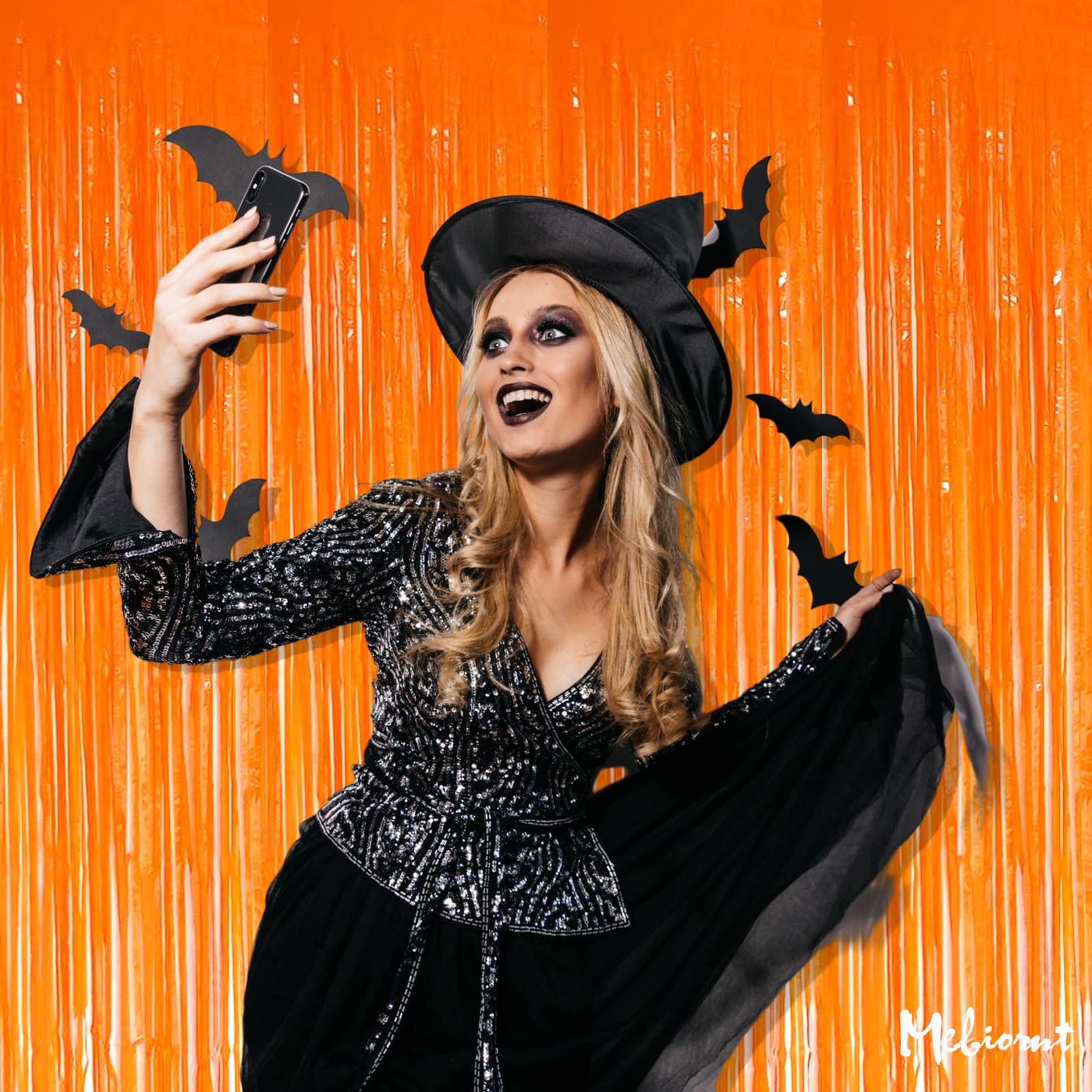 4 Pack Fringe Curtain Backdrop, 3.2Ft X 9.8Ft Macaron Orange Metallic Tinsel Foil Fringe Streamers Background For Photo Booth Bi