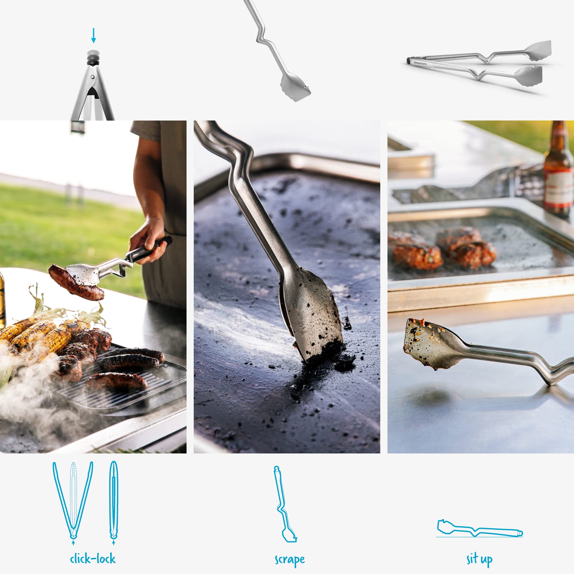 Dreamfarm Bbq Clongs | Click Lock Durable Stainless-Steel Barbecue Tongs | 15.6 Inches