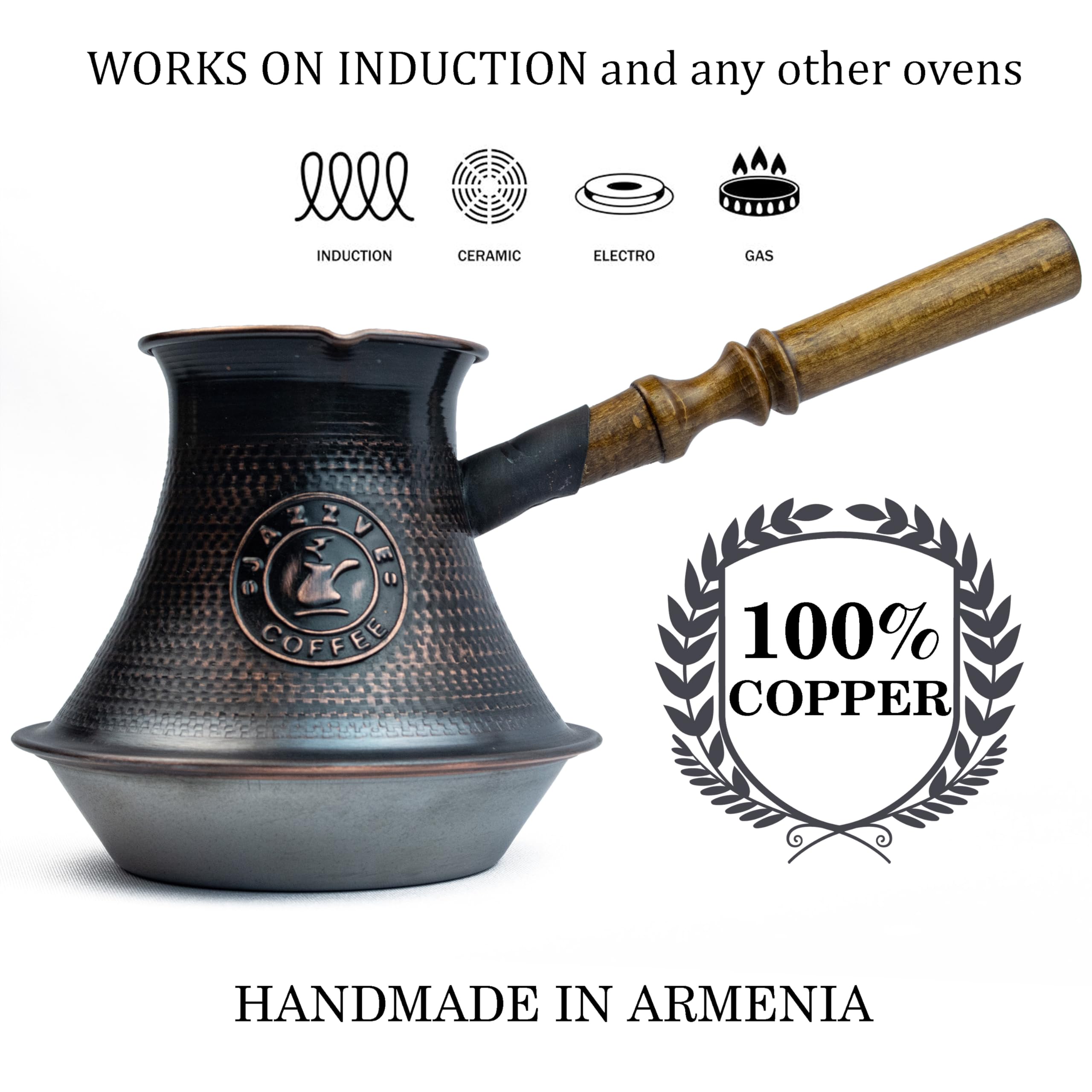 Handmade Armenian Coffee Pot 27 Fl Oz (800Ml) - Copper Jazva - Turkish Arabic Greek Cezve Jezve Ibrik Turka Jazve Maker - Wooden
