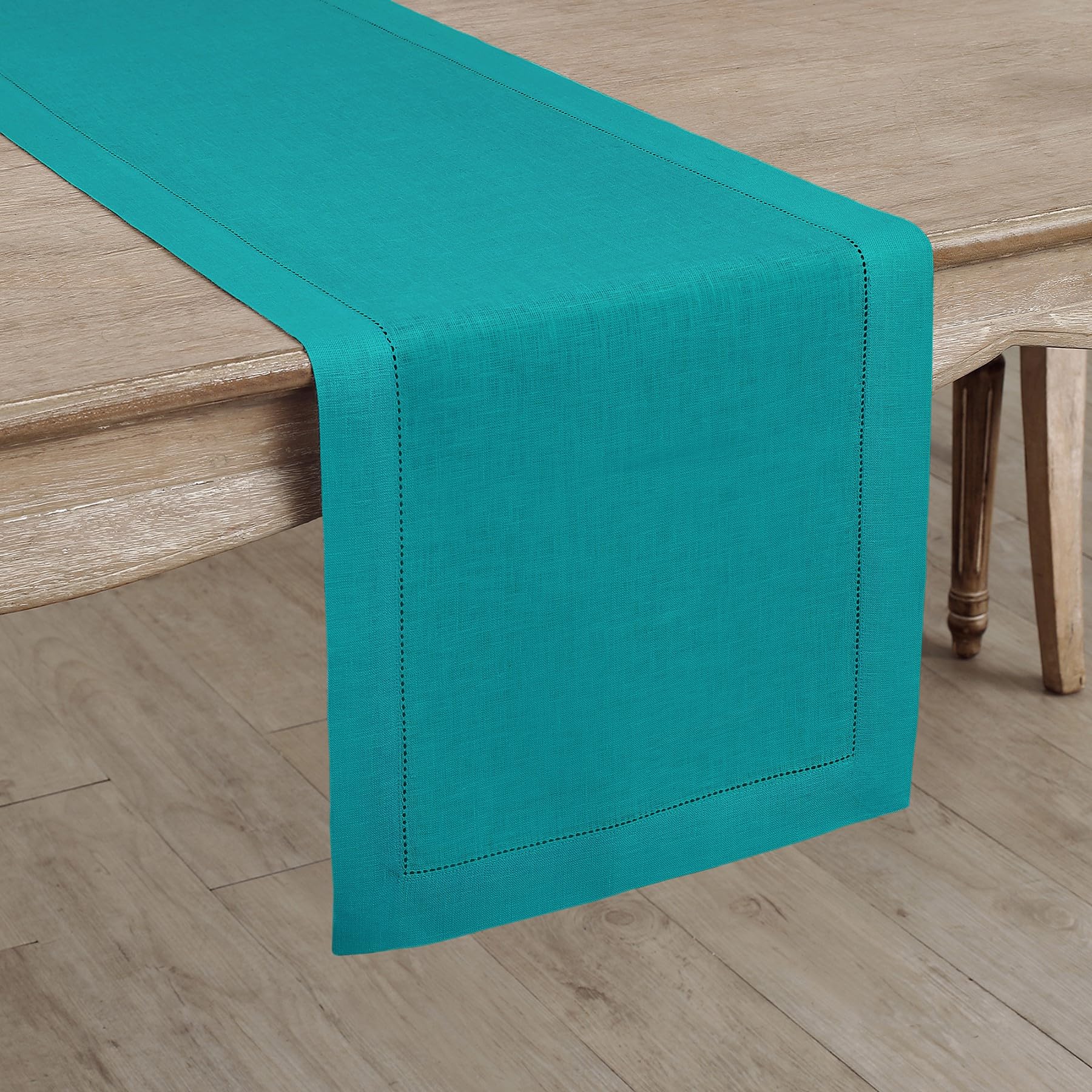 Solino Home Teal Linen Table Runner 72 Inches Long - 100% Pure Linen Classic Hemstitch Table Runner 14 X 72 Inch - Machine Washa
