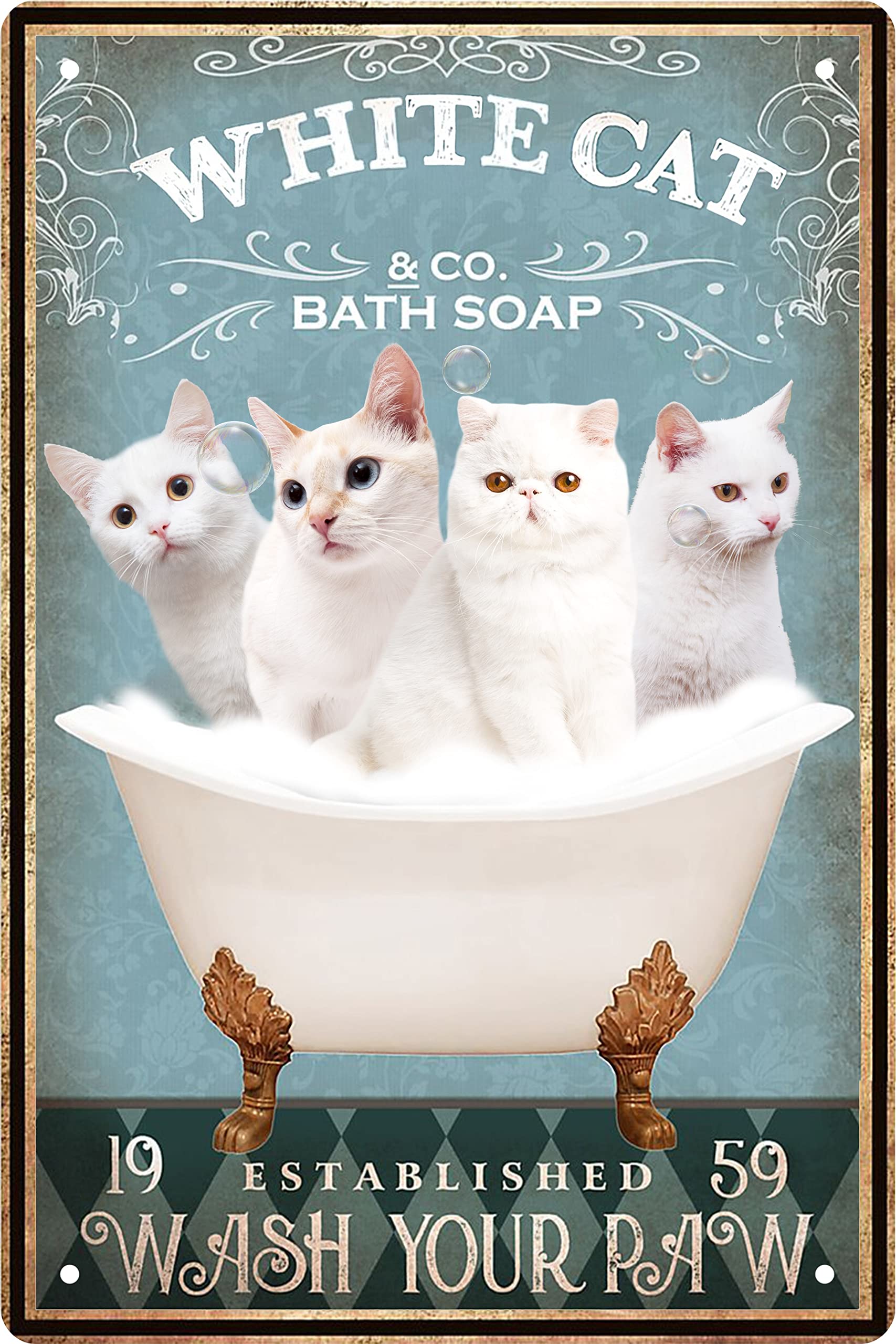 Funny White Cat Decor Vintage Bathroom And Bathtub Metal Tin Sign Decor White Cat Lovers Gift Farm Home Bar Bathroom Retro Wall