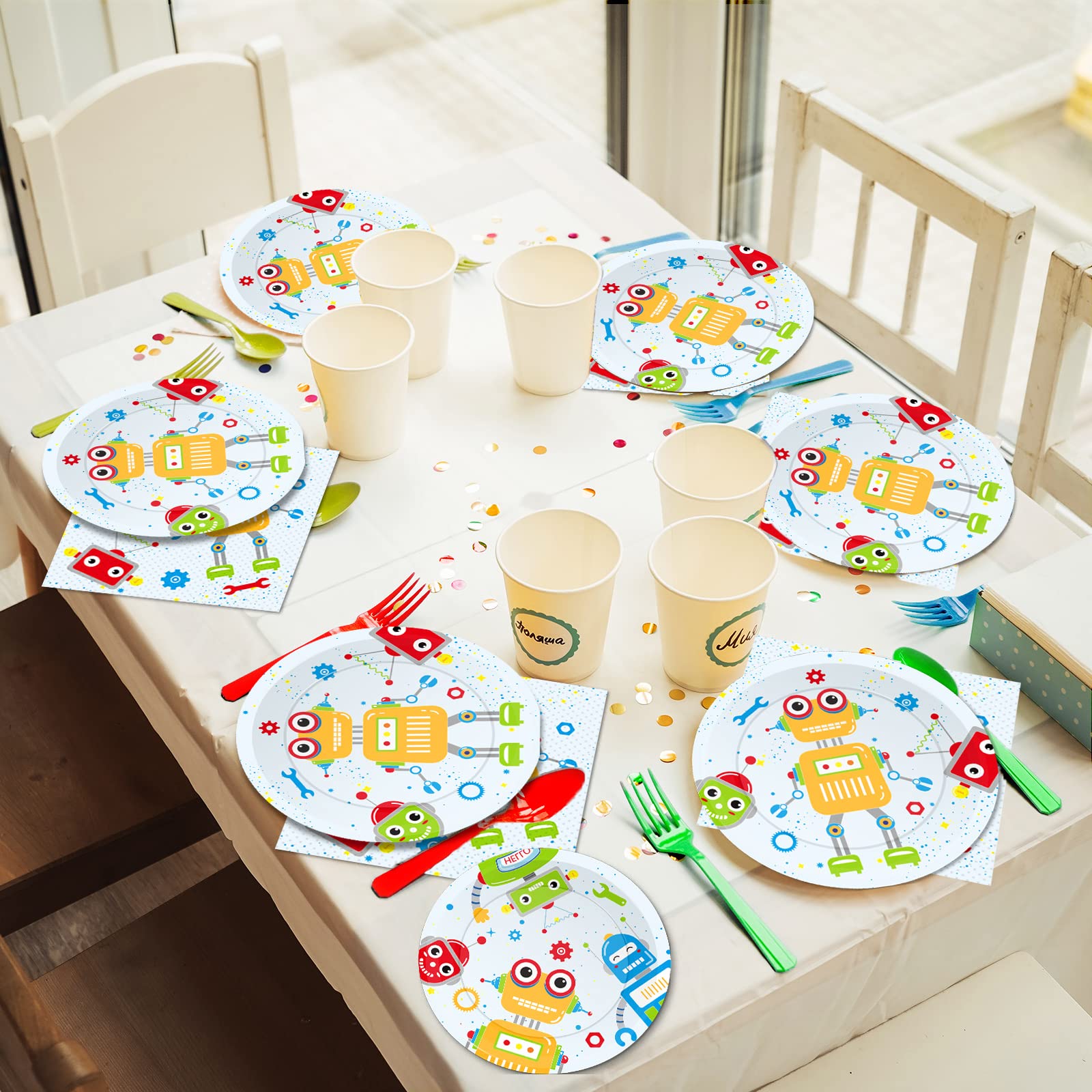 96pcs Robot Birthday Party Supplies Pack Robot Party Plates Napkins Forks Kit Disposable Tableware Set Robots Theme Party Baby Shower Decorations Favors For Boy  Serve 24