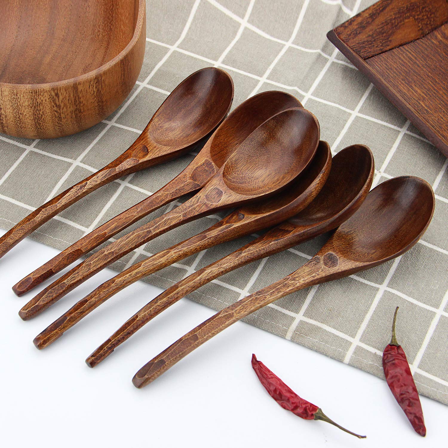 Soup Spoons,Aoosy Wooden Soup Spoons, 6 Pieces 7.84 Inches Japanese Ramen Spoons Round Nanmu Wood Long Handle Rice Dessert Cooki