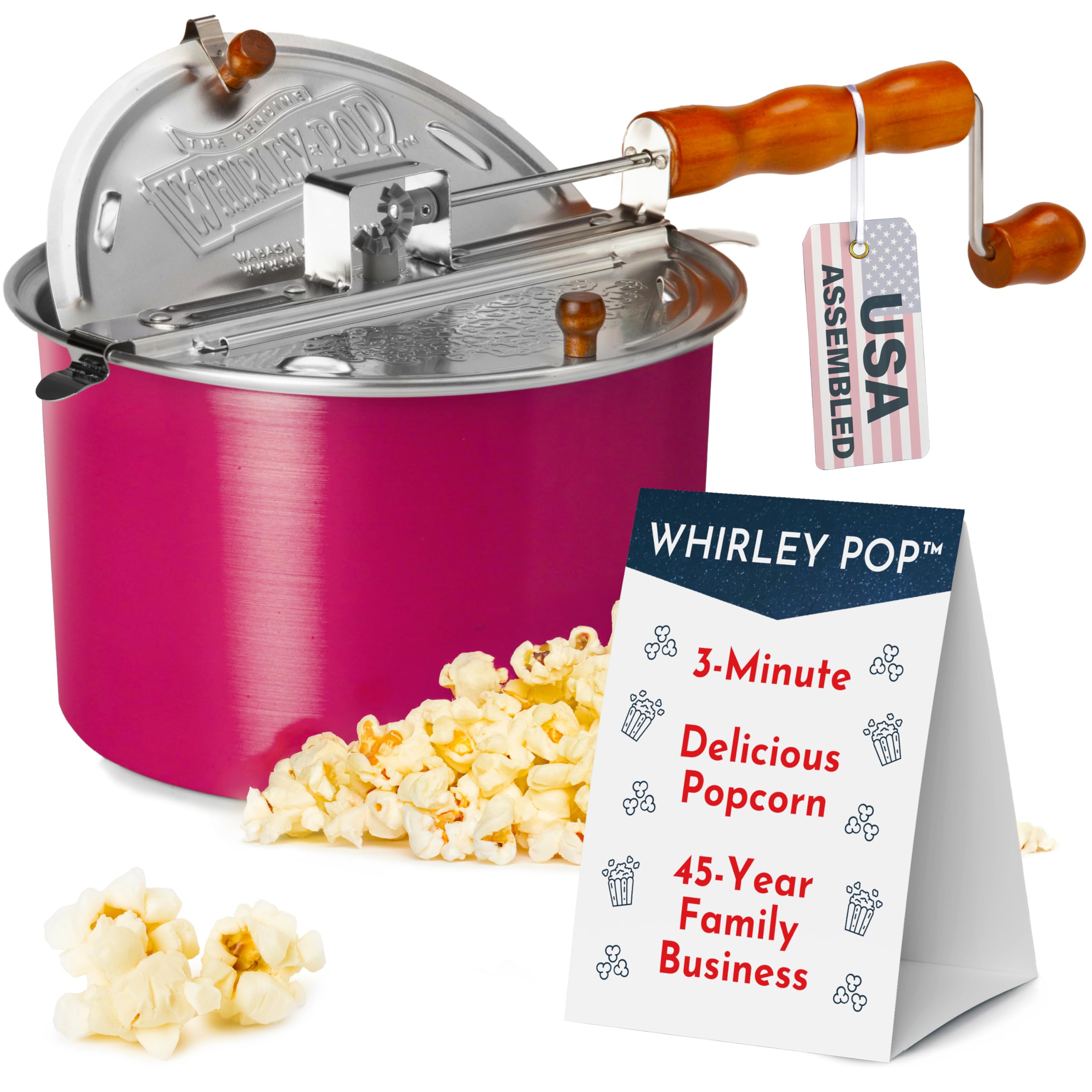 Original Whirley Pop Popcorn Maker - Wabash Valley Farms Pink Popcorn Popper with Metal Gears, Movie Night at Home, 3-Minute Sto