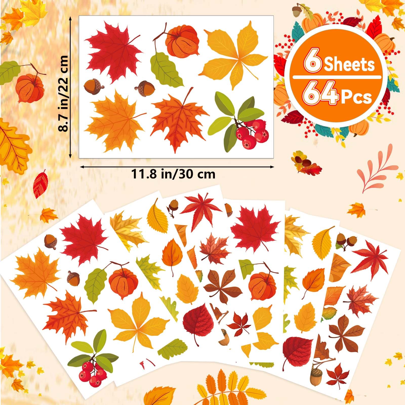 Fall Window Clings - 6 Sheets Autumn Maple Leaf Window Clings for Glass Windows Thanksgiving Windows Decals Stickers for Home Of