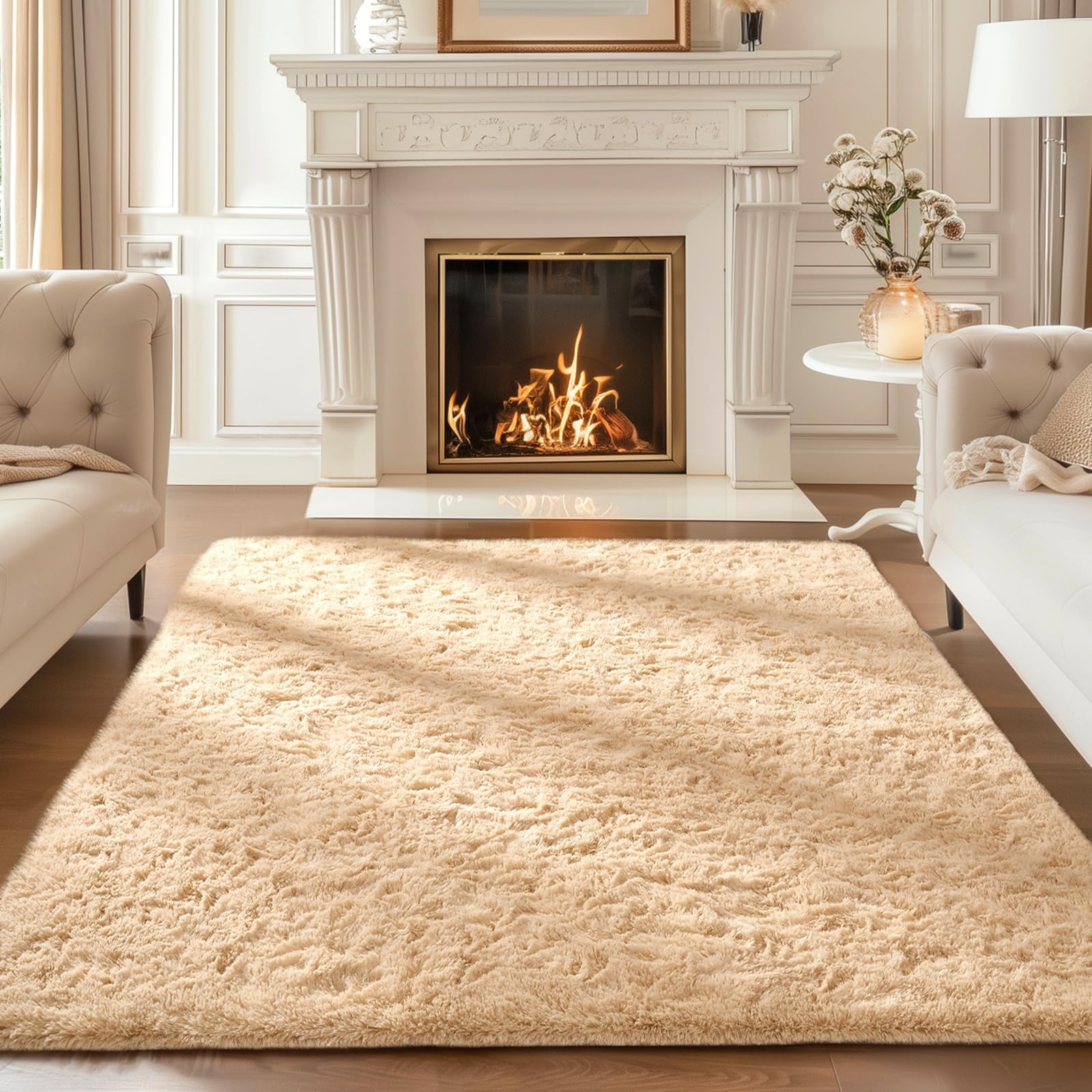 Ophanie Beige Rugs for Bedroom Living Room, Fluffy Fuzzy Furry Carpet, Plush Soft Shaggy Bedside Indoor Floor 4x6 Area Rug for K