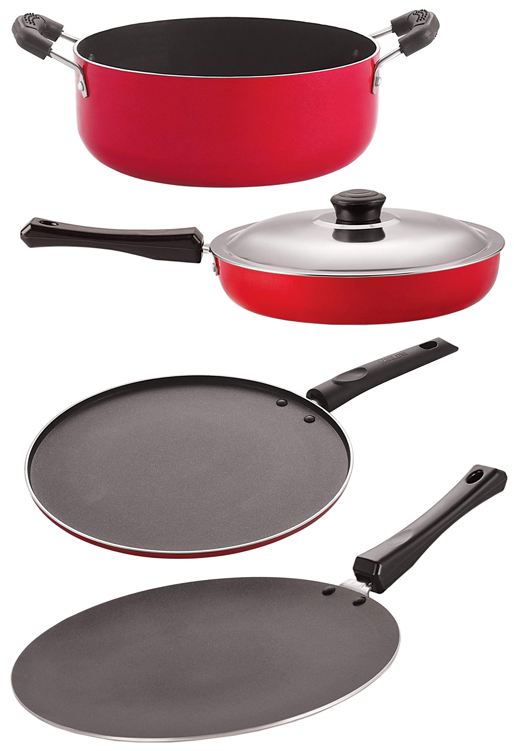 Nirlon Dishwasher Safe Non Stick Cookware Pots And Pans Set,4 Pieces (Red & Black) (Ct12_Fp12_St12_Cs24)