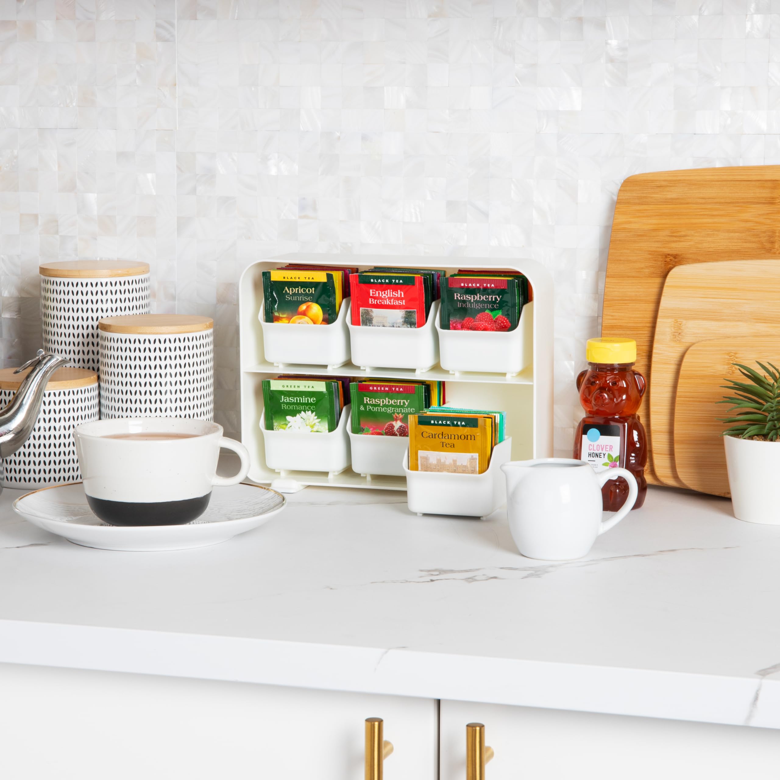 Mind Reader Tea Bag Organizer  Tea Station Organizer  Countertop Storage  Kitchen  Plastic  10.25''L x 3.25''W x 7.75''H  White
