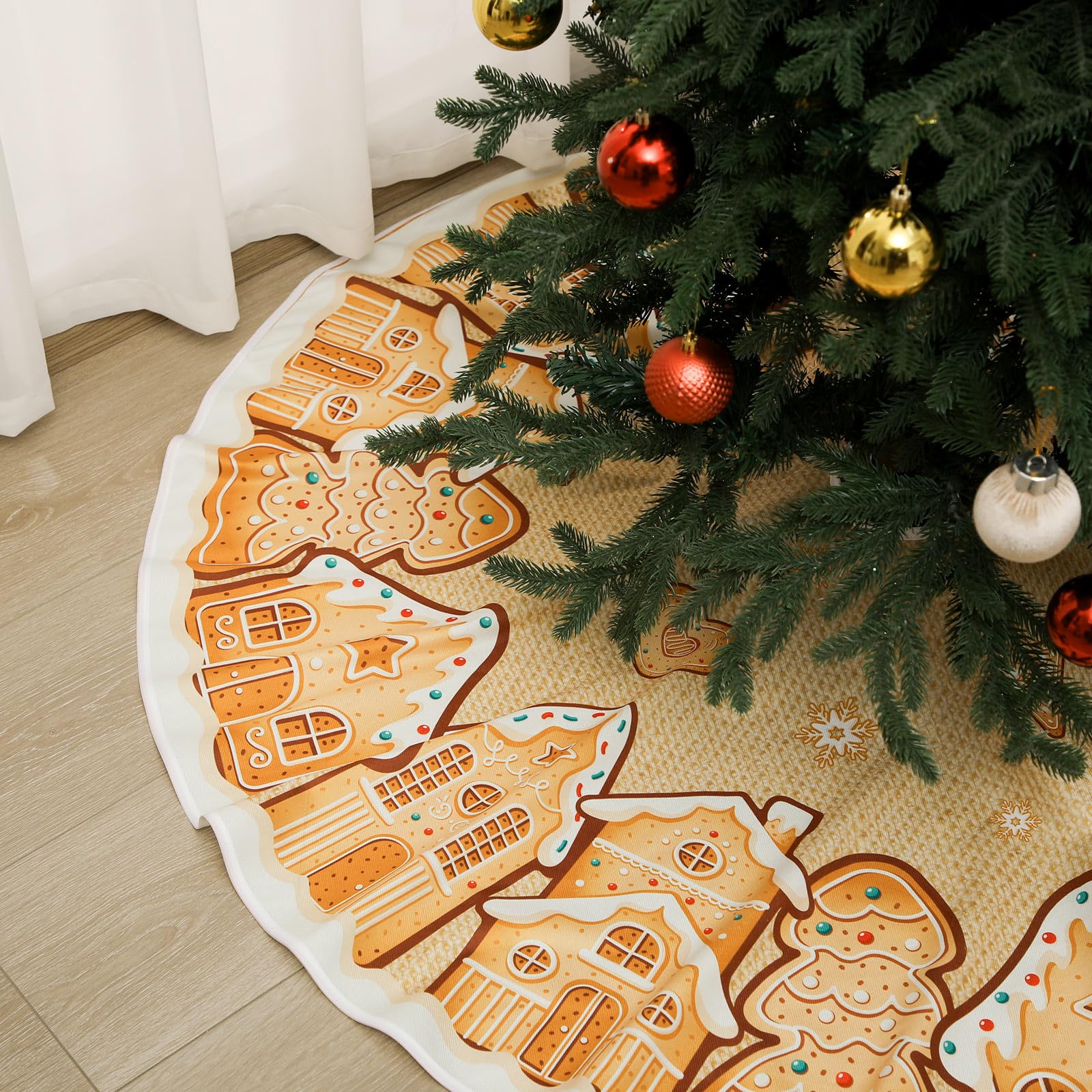 Motionchic 48 Inches Christmas Tree Skirt Gingerbread House Pattern Christmas Tree Mat Cookies Sugar Candy Ornaments Decorations