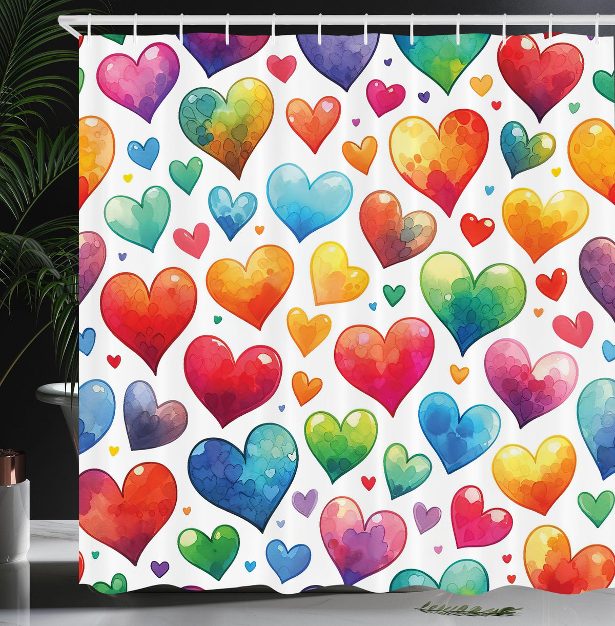 Ambesonne Colorful Shower Curtain, Retro Design Groovy Valentine'S Day Hearts Pattern On Plain Back 90S Feeling, Cloth Fabric Ba