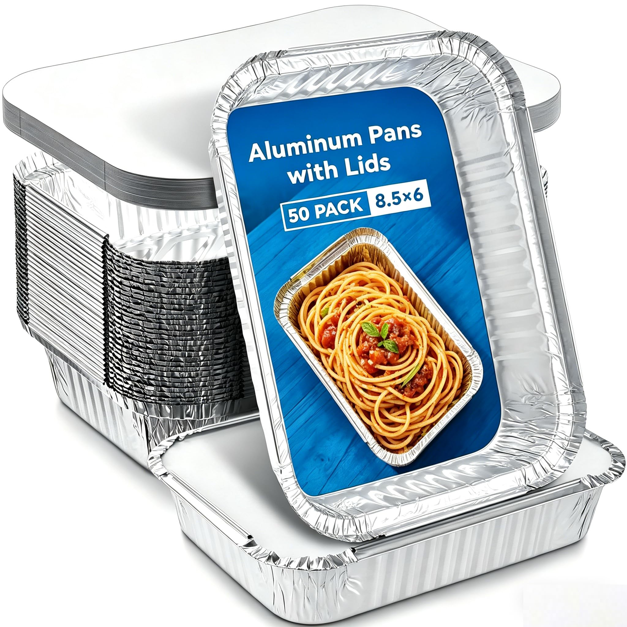Sageme 50 Pack Foil Meal Prep Containers with Lids, 2.25 LB Disposable Aluminum Foil Pans with Lids To Go Take Out Aluminum Foil