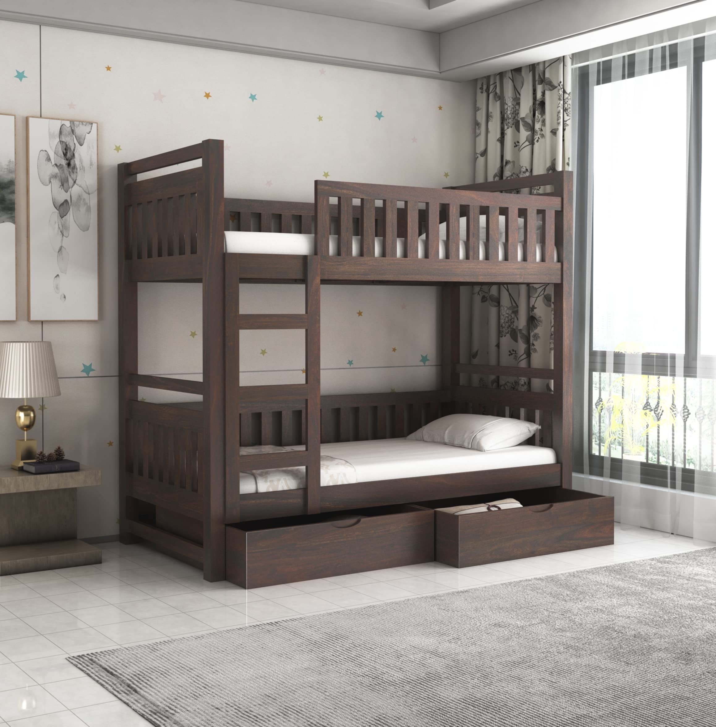 Strata Furniture Sheesham Wood Bunk Bed With 2 Drawer Storage Wooden Double Bed Furniture For Bedroom Home (Walnut Finish)