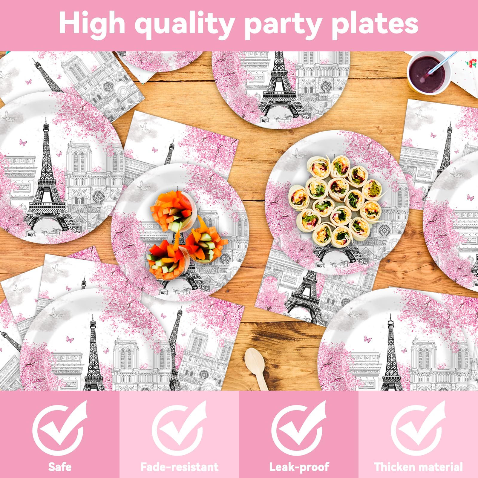 Zoiiwa Paris Eiffel Tower Place Setting, 41Pcs Pink, Disposable Tableware Set For Party Decorations