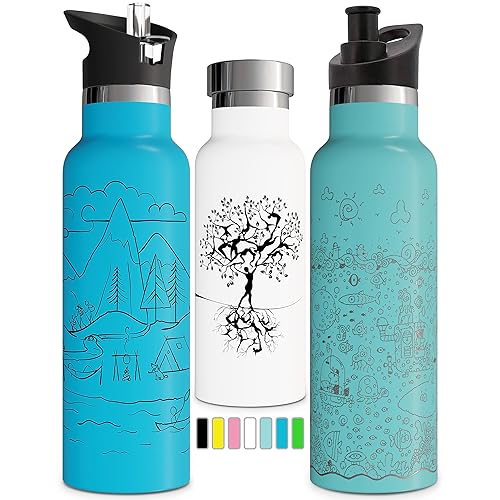 Involve & Evolve Insulated Water Bottle with 3 Lids (Straw Lid) Kids Reusable Double Walled Stainless Steel Flask Metal Tree of Life Thermos 12oz 17oz 20oz 25oz (20 oz White)