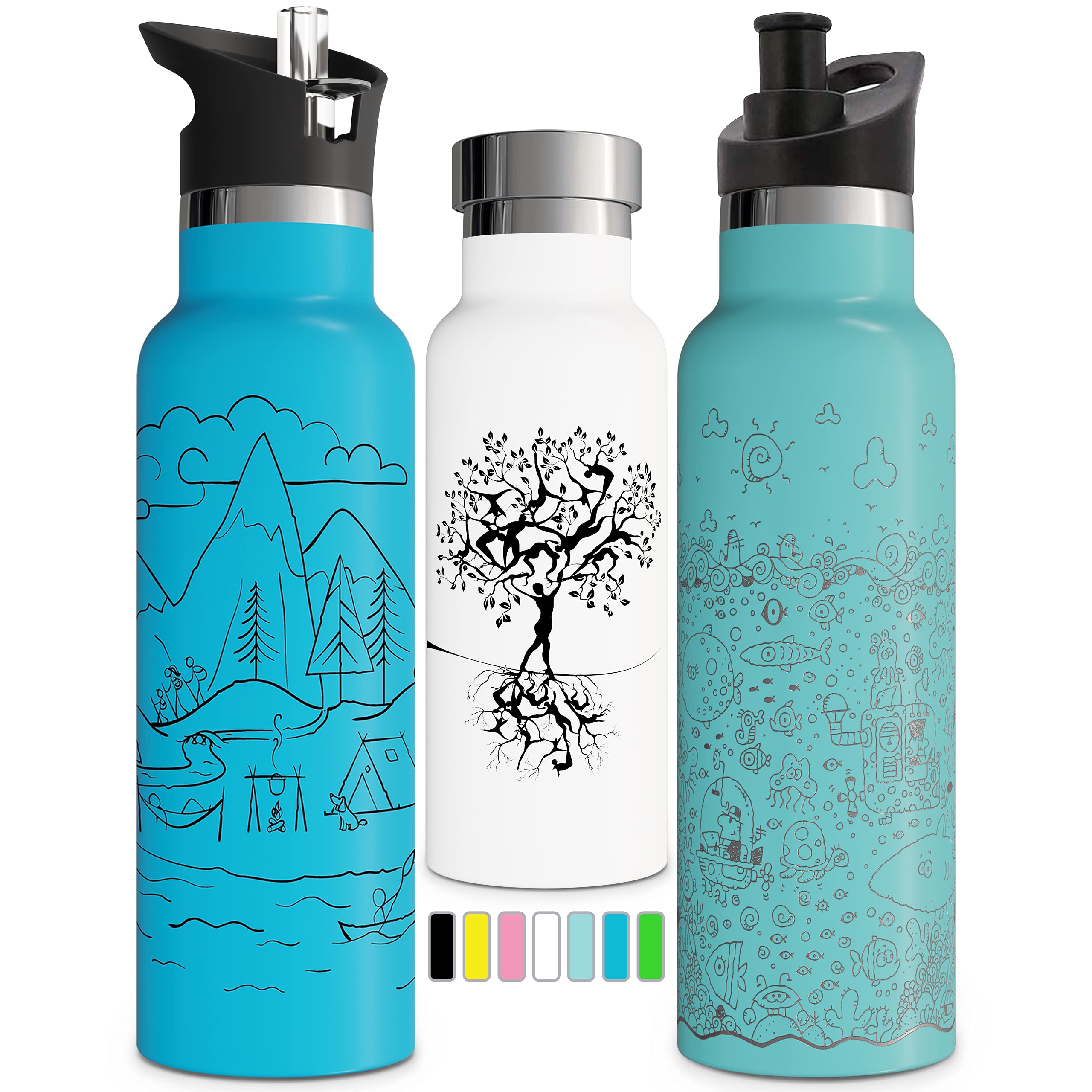 Involve & Evolve Insulated Water Bottle With 3 Lids (Straw Lid) Kids Reusable Double Walled Stainless Steel Flask Metal Tree Of