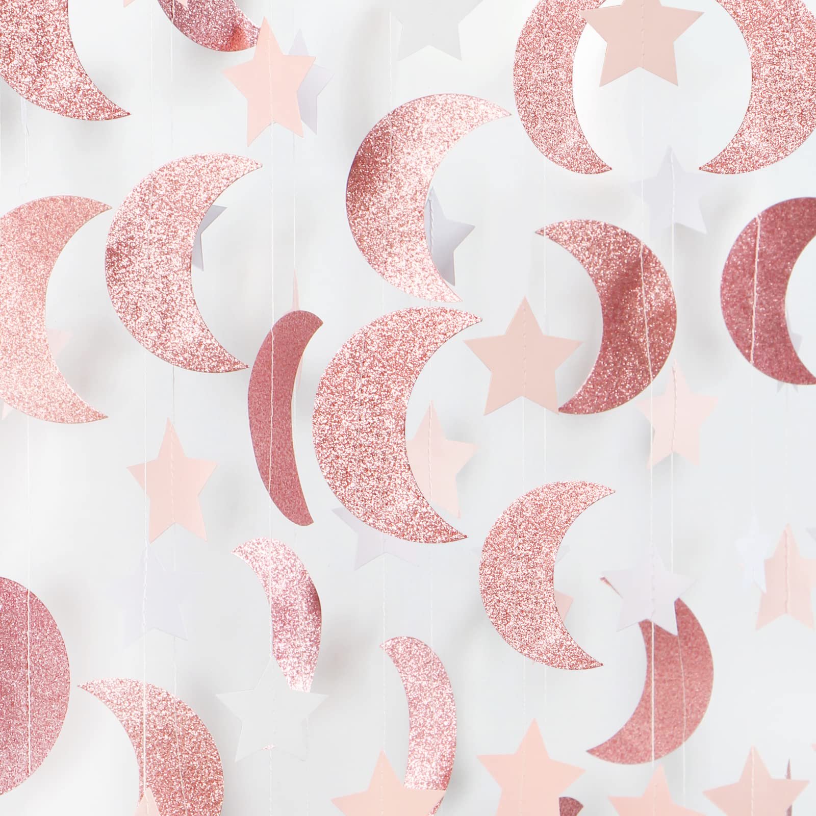 Pink Rose-Gold Moon-Star Party-Decorations Garland - 52Ft Twinkle Little Star Hanging Decoration Streamers Banner, Eid Ramadan M