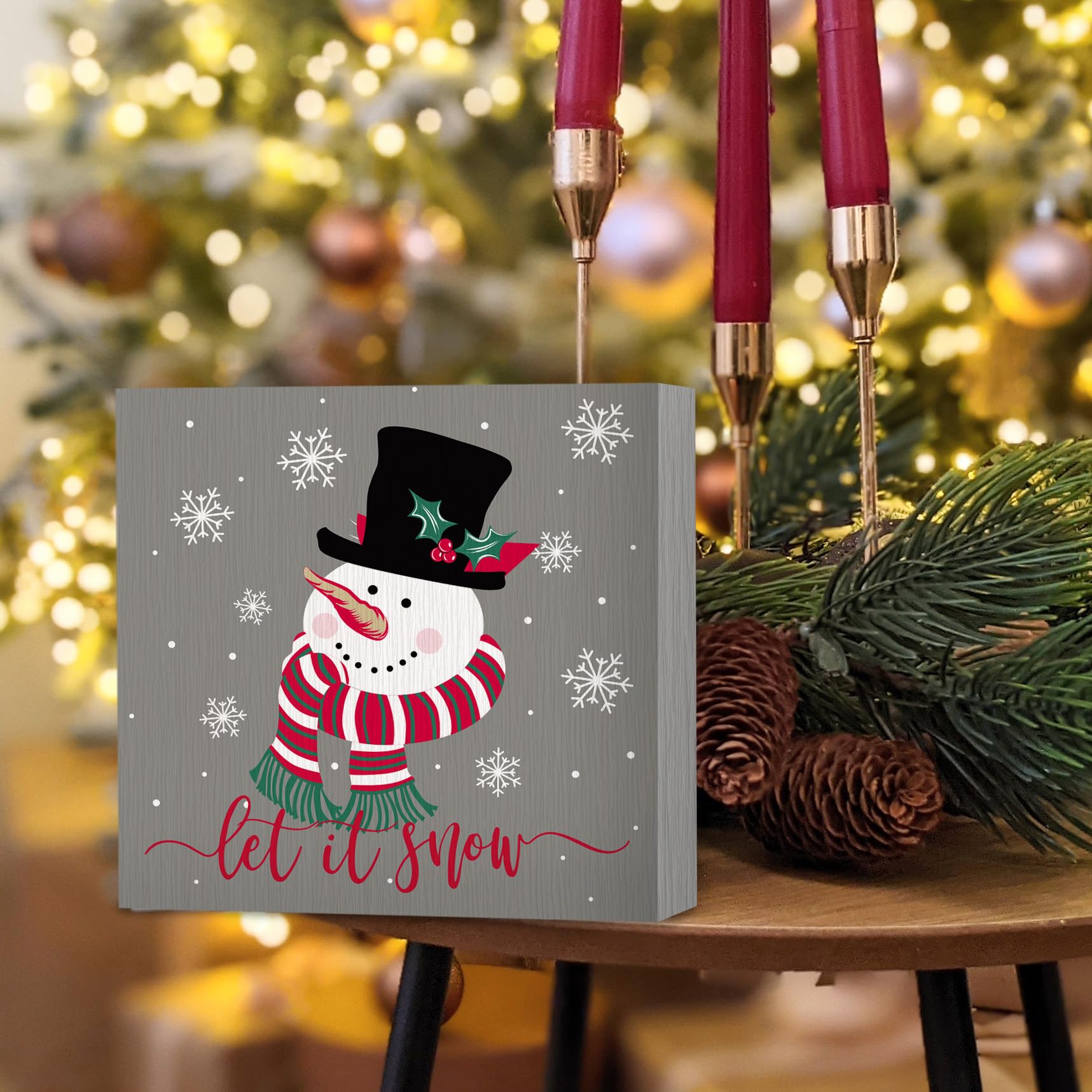 ANIANG Let It Snow Snowman Sign, Christmas Decorations, Winter Decor, Snowman Decorations, Xmas Seasonal Holiday Wood Block Box