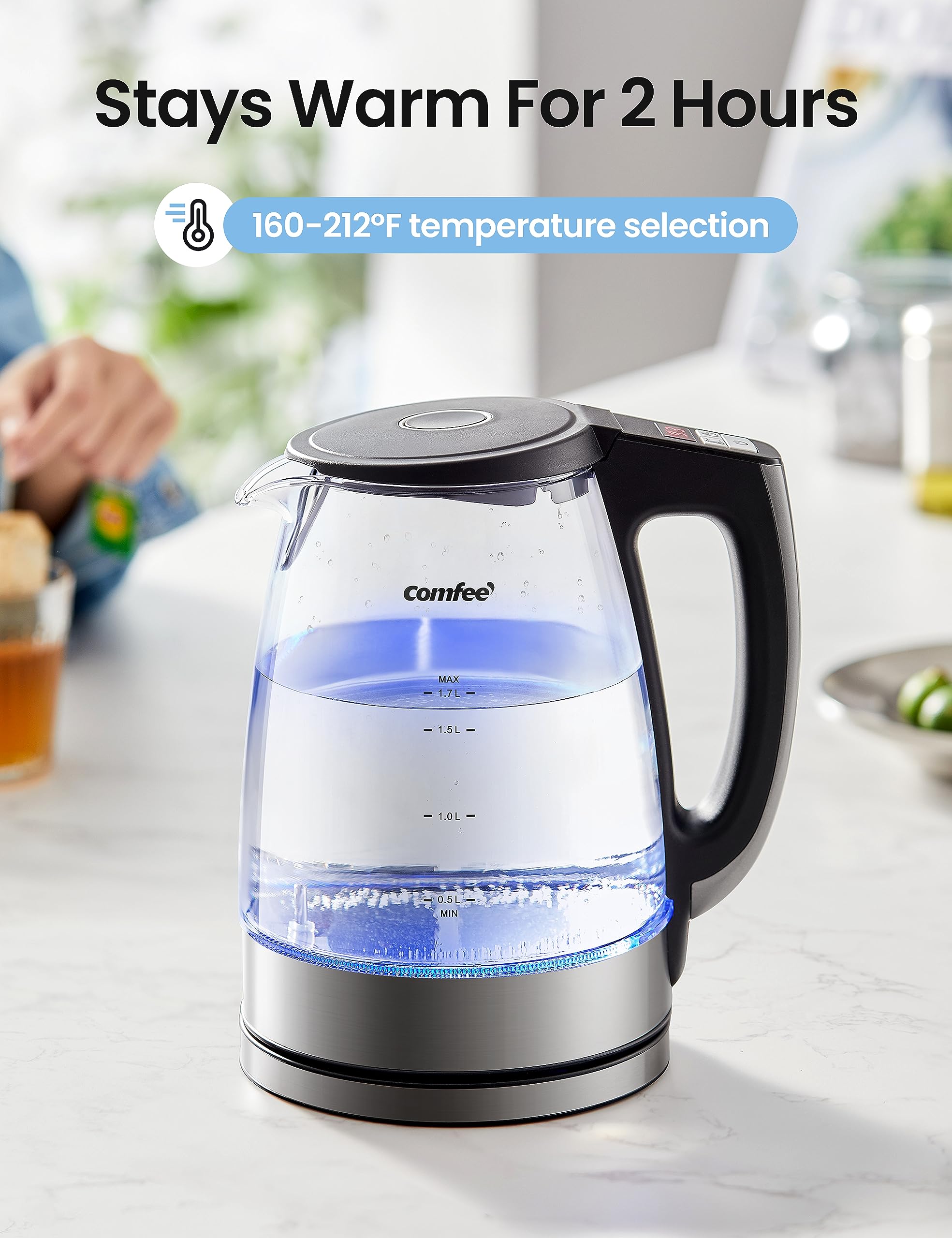 Comfee' 1.7L Glass Tea Kettle And Kettle Water Boiler - Electric Kettle Temperature Control With 6 Presets, 2-Hr Keep Warm, Fast