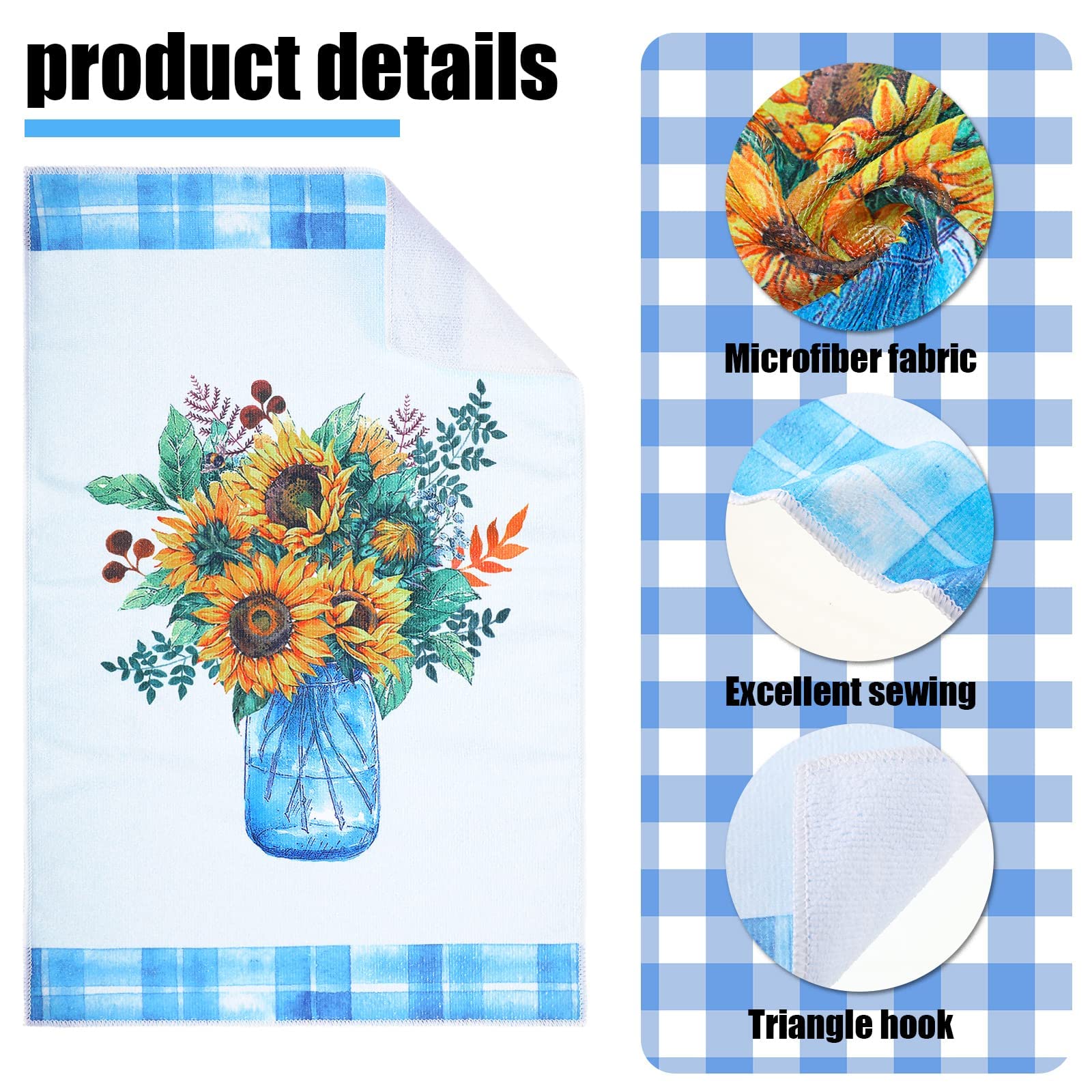 4 Pcs Kitchen Towels Sunflower Bee Dish Towels Decorative Absorbent Hand Polyester Towel with Hanging Loop for Kitchen Dishes Tea Towels for Home Housewarming Gifts Decor  16 x 24'' (Blue  Romantic)