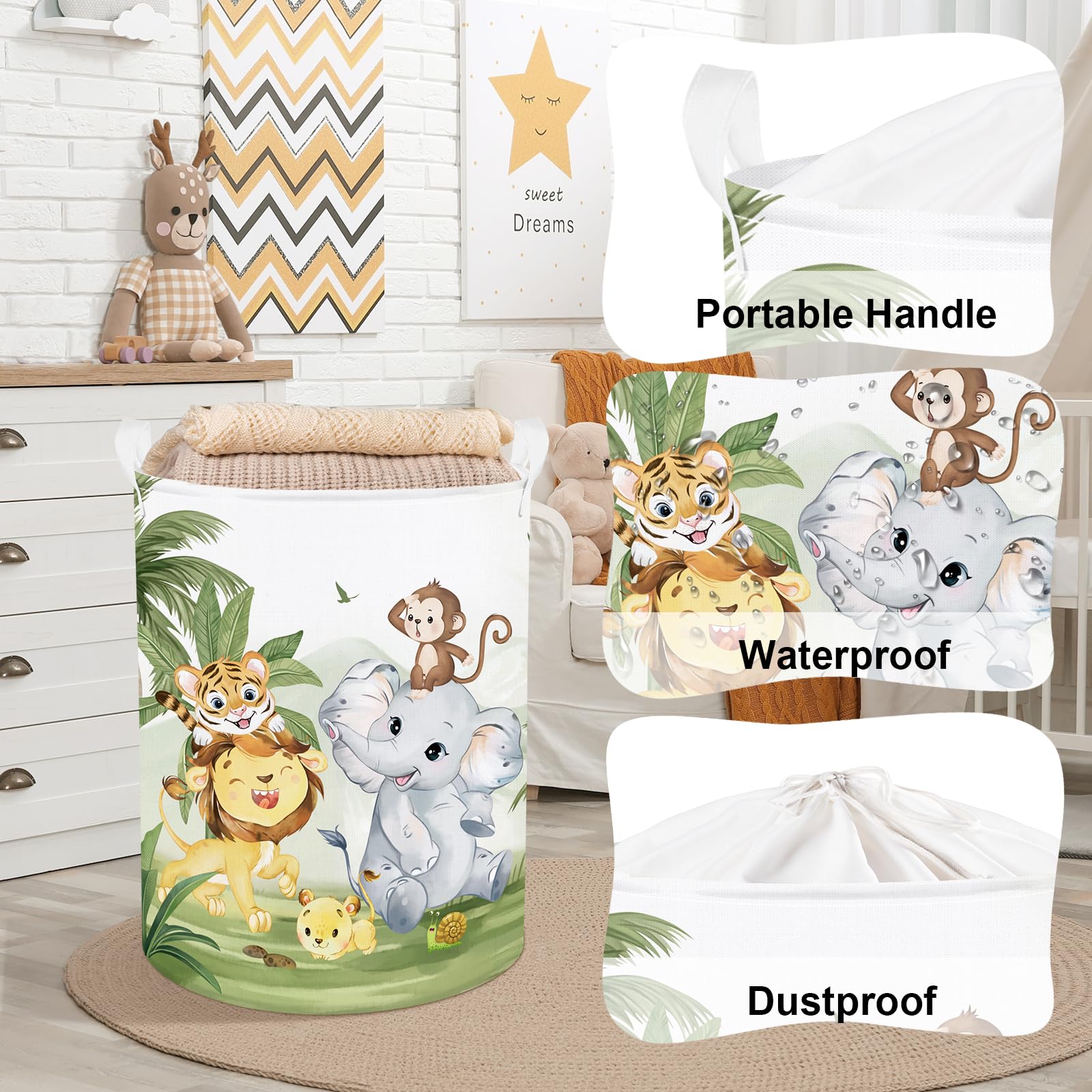 Clastyle 63L Large Rainforest Animals Kid Laundry Hamper With Handle Boy Girl Bedroom Bathroom Nursery Clothes Toy Storage Baske