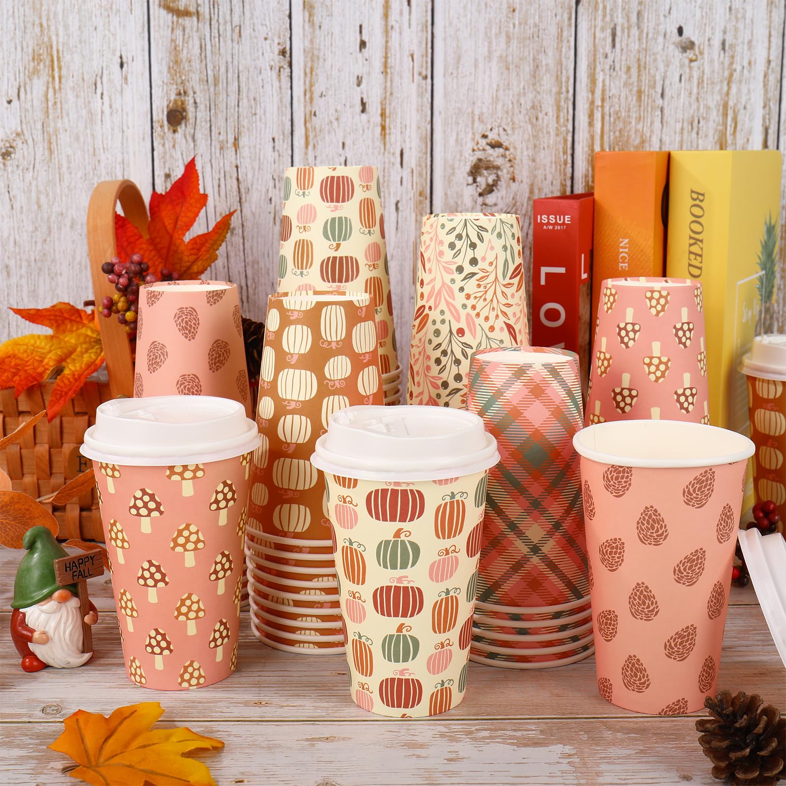 FYSUIMU 120 Sets Boho Fall Disposable Coffee Cups with Lids 16Oz Pumpkin Leaves Mushroom Drinking To Go Cup 6 Designs Paper Cup