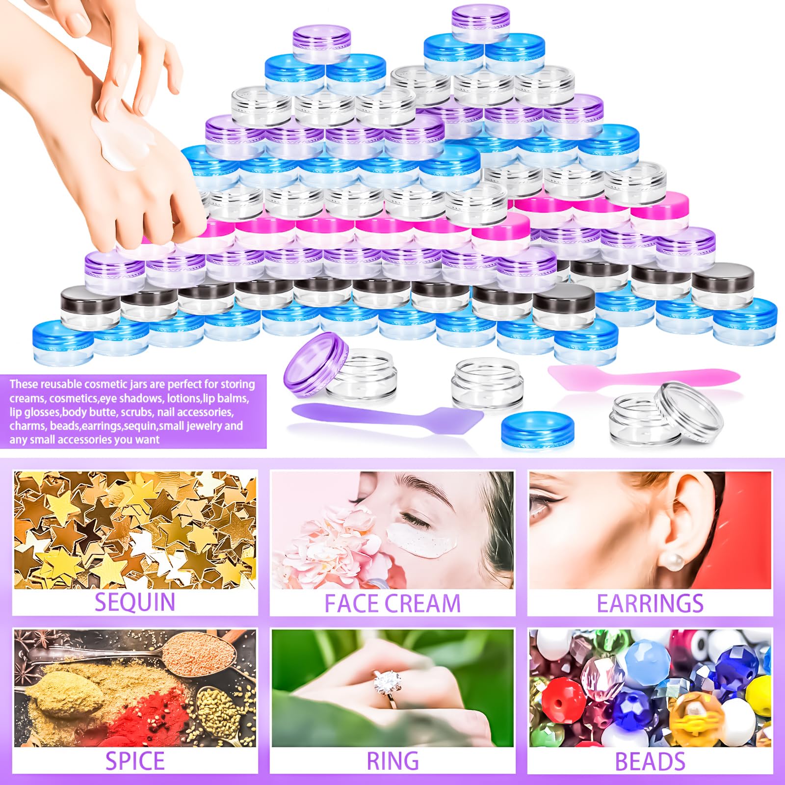 Motbach 100 Pcs 5G Empty Plastic Containers With Colored Lids,Mini Makeup Sample Containers, Small Sample Pot Jars Round Cosmeti