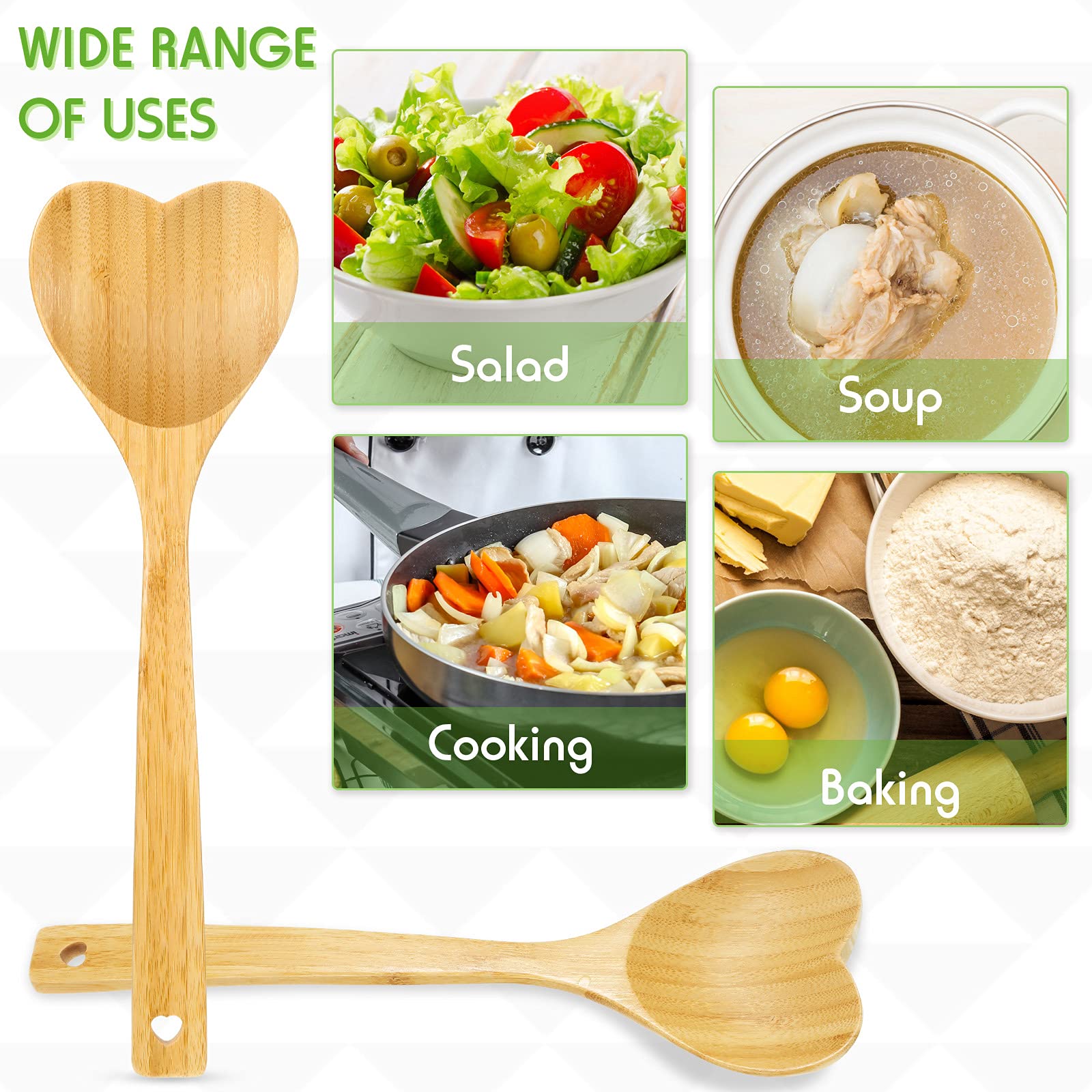 Patelai 2 Pieces Bamboo Heart Shaped Wooden Spoon Set, 12.2 Inch Long Handle Wooden Kitchen Utensils Wooden Serving Mixing Spoon