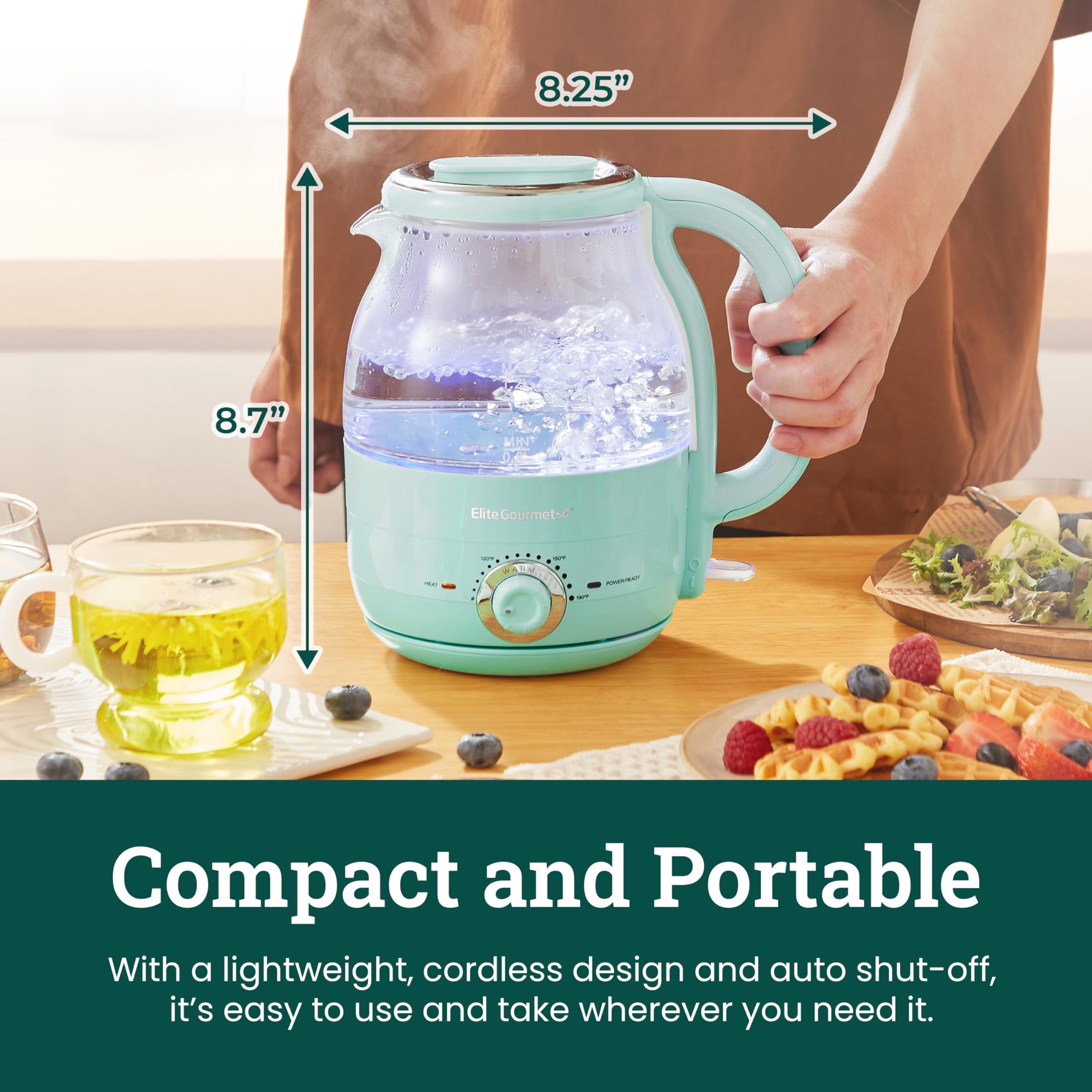 Elite Gourmet Electric Kettle 1.2L BPA-Free Stainless Steel Mint EKT1220M, Auto Shut-Off, Keep Warm, Cordless 360° Base